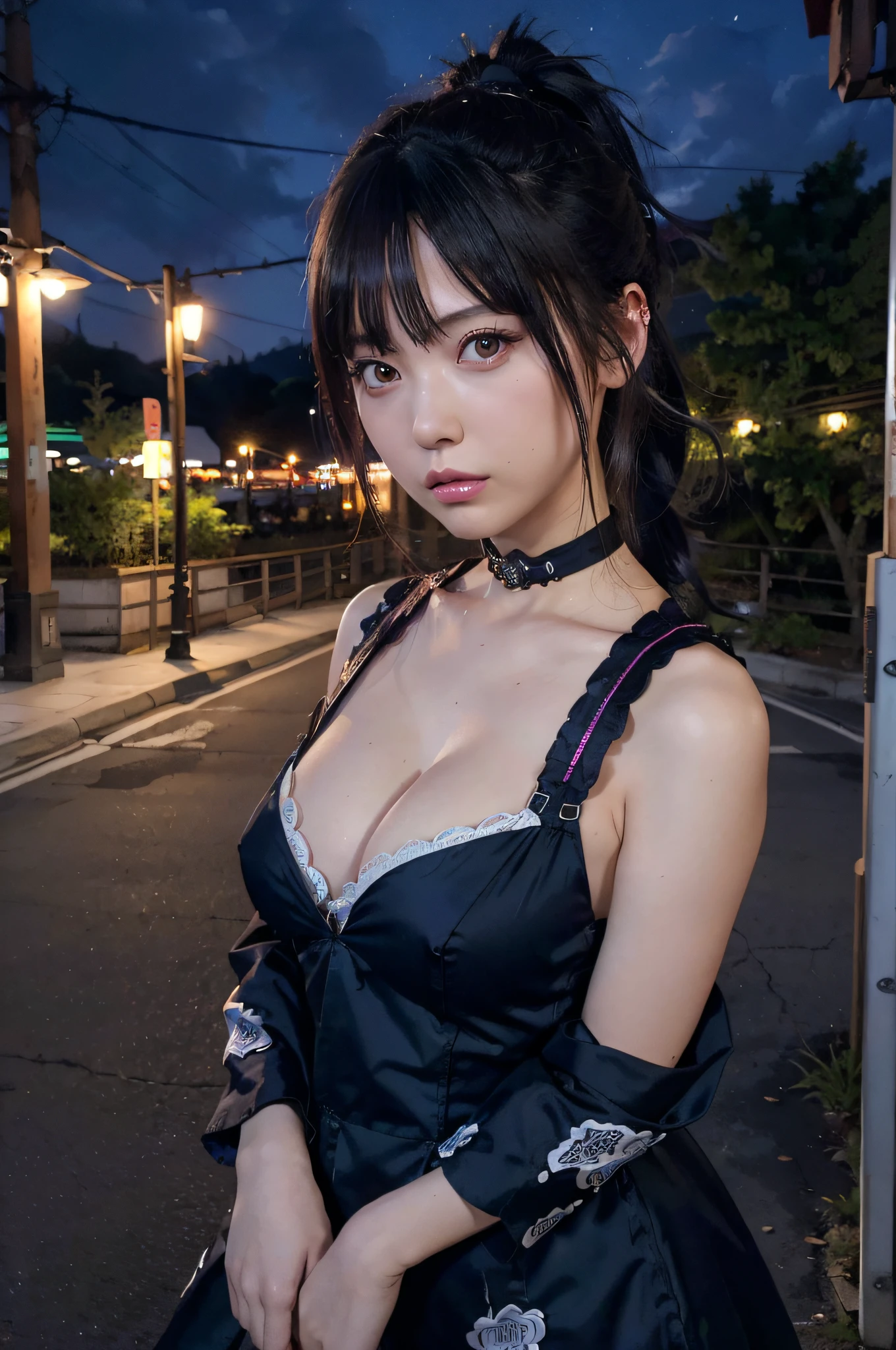 ((masutepiece)), ((Best Quality)), (Ultra-detailed), ((Extremely detailed)), 4K, (8K), Best Quality, (Beautiful), Punk Rock Costumes,Large breasts,Cute face,Big eyes,Cool Face,Blue-haired ponytail,Looking at Viewer,plein air,Night,Neon Street, masutepiece, extremely fine and beautiful,Photorealistic,Japanese