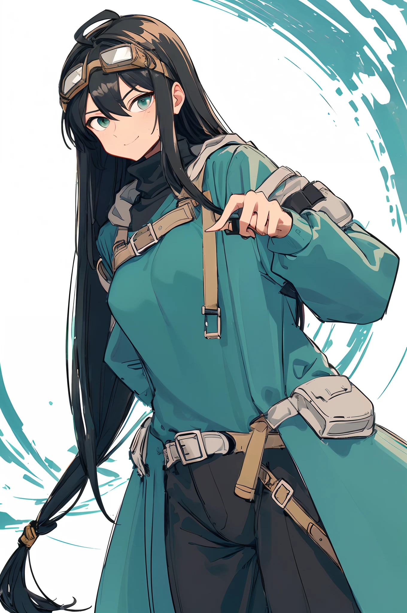 ultra detailed, masterpiece, best quality,
solo,
cowboy shot,
facing viewer,
soft smile, light smile,
 sketch style,
1girl, (teal eyes:1.1), (aqua eyes:0.45), (black hair:1.3), ahoge, low ponytail, low tied hair, very long hair, (hair flaps:1.2), flipped hair, hair between eyes, bangs, messy hair, small breasts, absurdly long hair, 
, (goggles on head:1.3), headband, hooded coat, open coat, turtleneck, capri pants, black knee boots, multiple belts,  low ponytail, black sweater, black shirt, black turtleneck, white coat,
