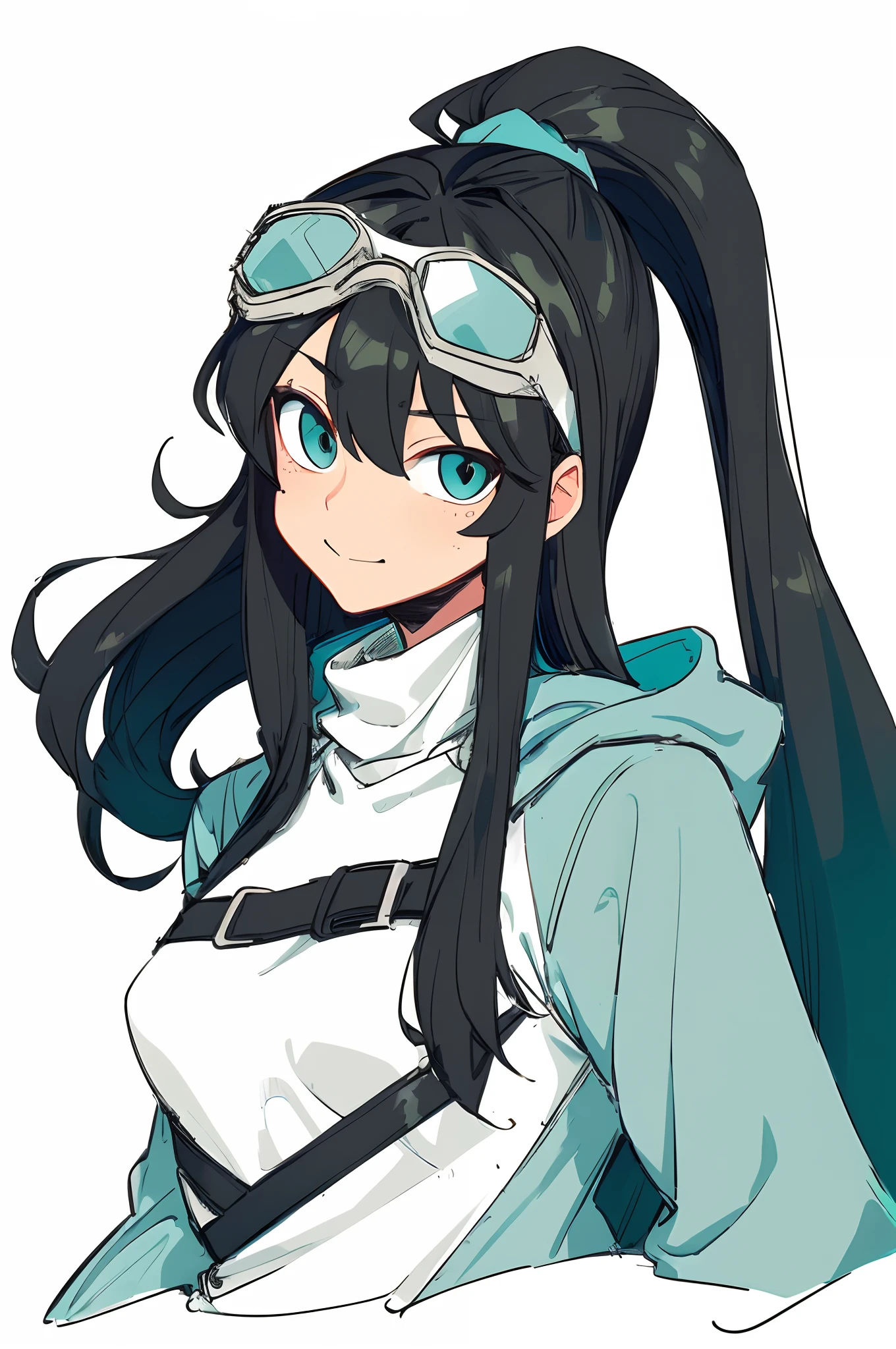 ultra detailed, masterpiece, best quality,
solo,
cowboy shot,
facing viewer,
soft smile, light smile,
 sketch style,
1girl, (teal eyes:1.1), (aqua eyes:0.45), (black hair:1.3), ahoge, low ponytail, low tied hair, very long hair, (hair flaps:1.2), flipped hair, hair between eyes, bangs, messy hair, small breasts, absurdly long hair, 
, (goggles on head:1.3), headband, hooded coat, open coat, turtleneck, capri pants, black knee boots, multiple belts,  low ponytail, black sweater, black shirt, black turtleneck, white coat,