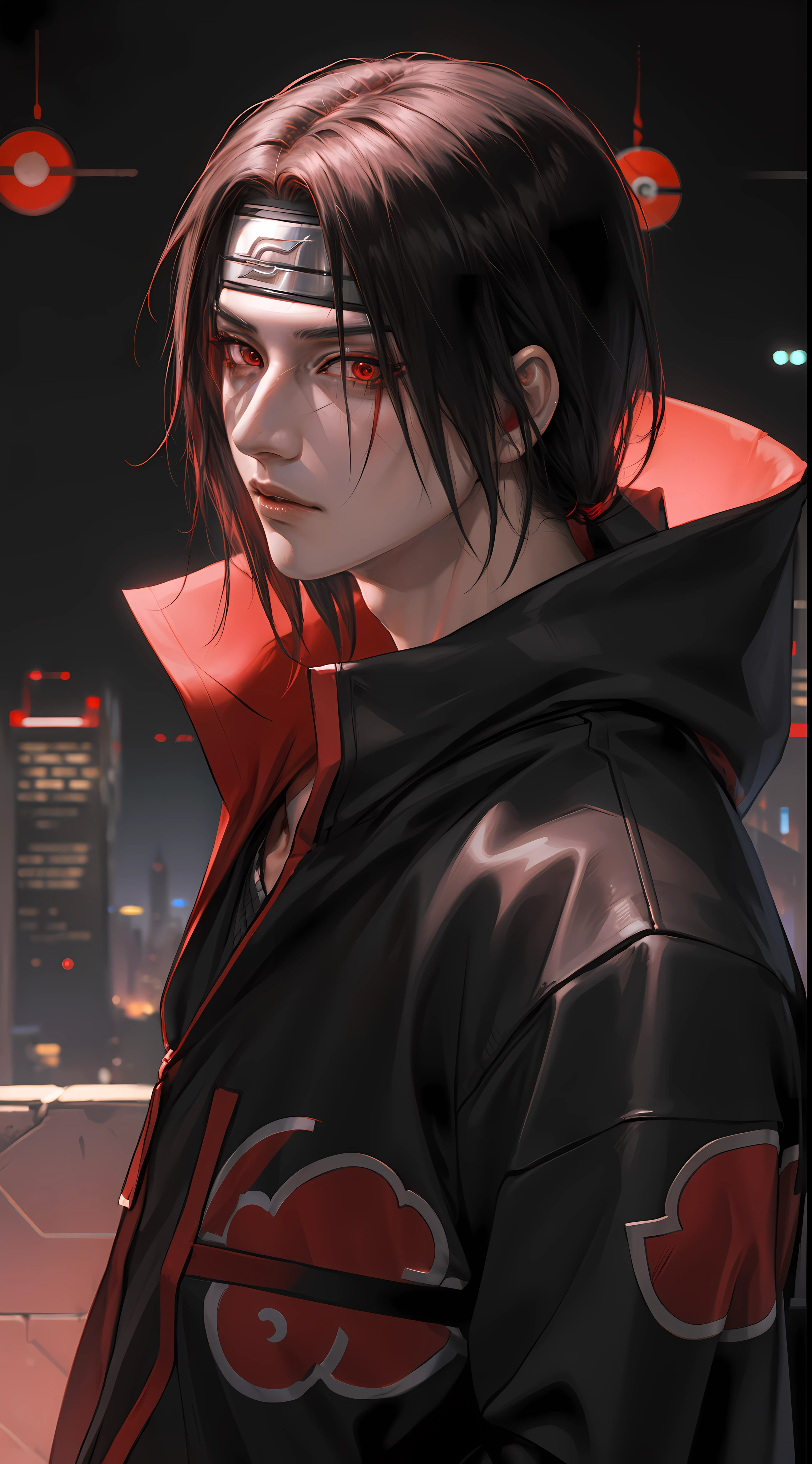 Masterpiece, Uchiha Itachi, cyberpunk style, 1boy, red eyes, male focus, solo, simple background, upper body, looking at viewer, Urban Streetwear , cyberpunk Hoodie, high detailed, dinamic lighting