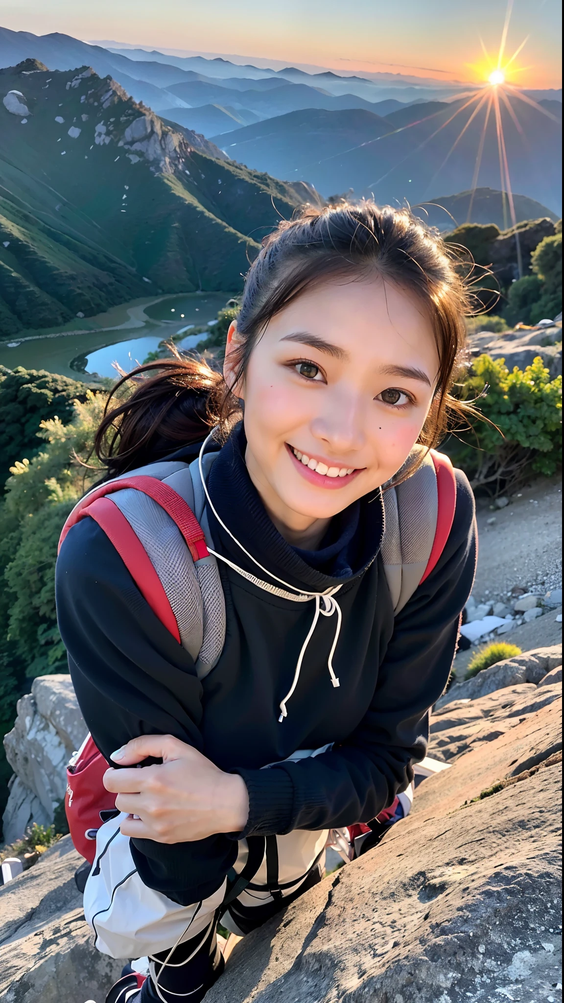 A cute woman similar to An Nakamura、Super clean and slender、Excellent style  、An ultra-high picture quality、extremely delicate face, Skin and hair、((Semi-long chignon hair))、dark brown hair、((Cold mountaineering wear))、((Mountain Girl))、((Mountain trail at dusk))、16k image、(Spectacular background)A very cute Japan detached face、A slender、middlebreasts、Eyes and nose stand out clearly、Gentle eyes、((Carry a mountaineering backpack))、((A refreshing smile))