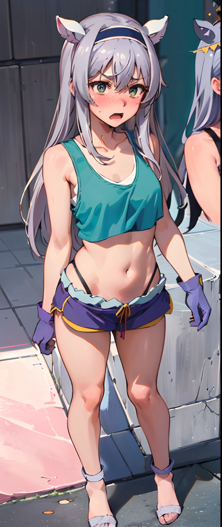 best quality, (masterpiece:1.2), detailed,
Sistine Fibel,
1girl, solo, open mouth, wavy mouth, nose blush, embarrassed, medium breasts,
long hair, grey hair, green eyes, blue hairband, animal ears, navel, gloves, (((cropped tank top, 20 years old))), (((ultra-detailed eyes))), ((standing,  full body, disgust,  disdain, multiple views)).