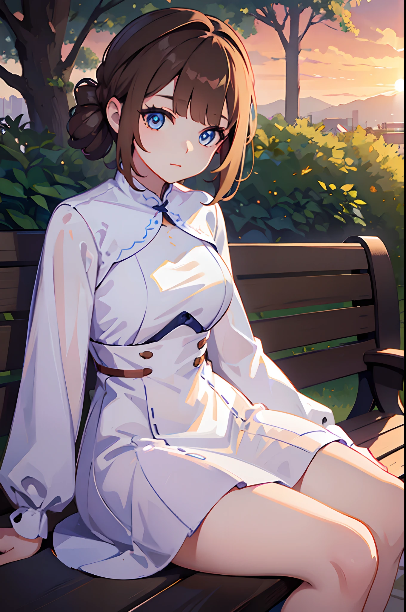 Young woman, white dress, sitting on bench, long light brown hair, blue eyes, sunrise