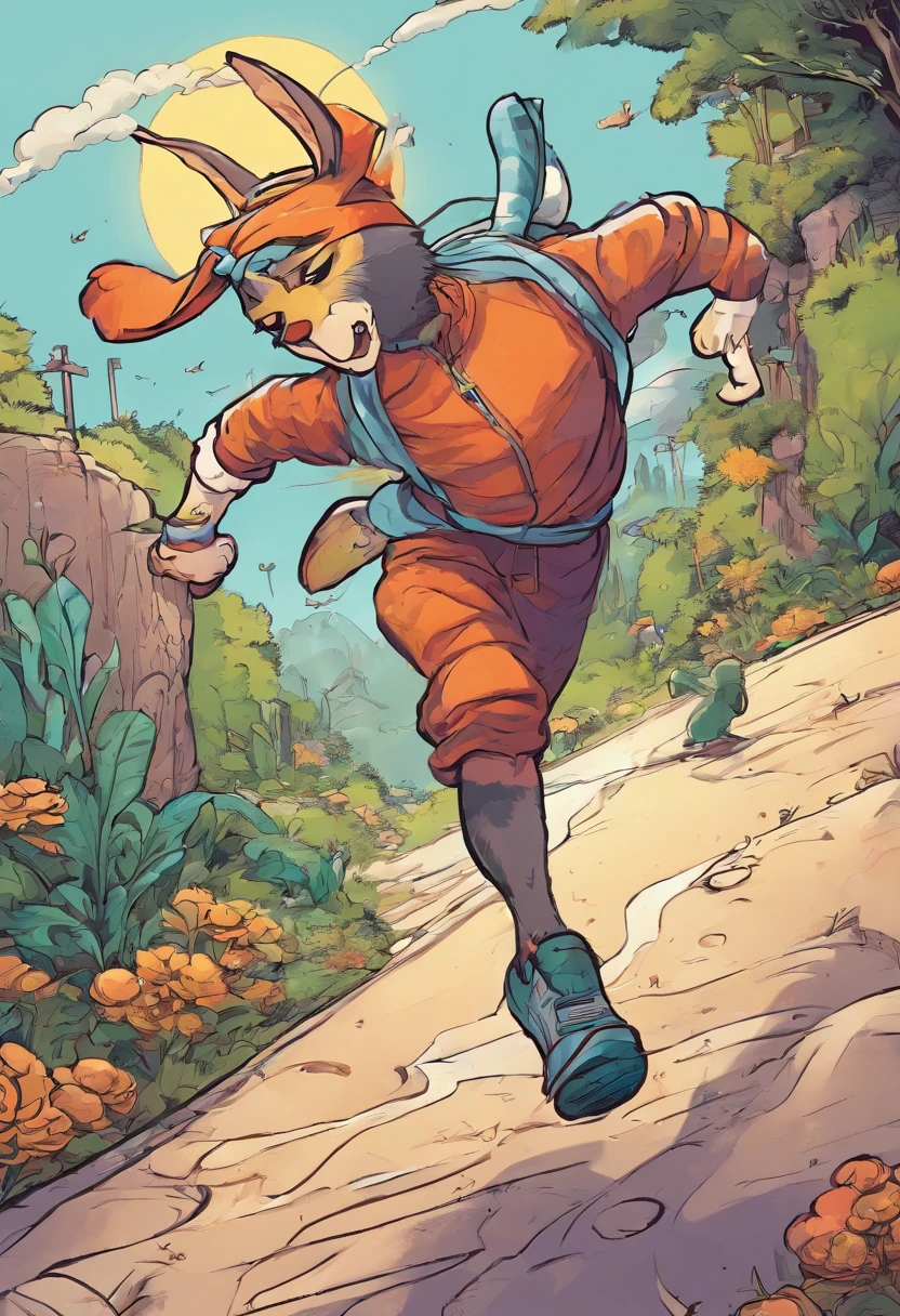 One with bright eyes, Rabbits with furry ears and tracksuits running