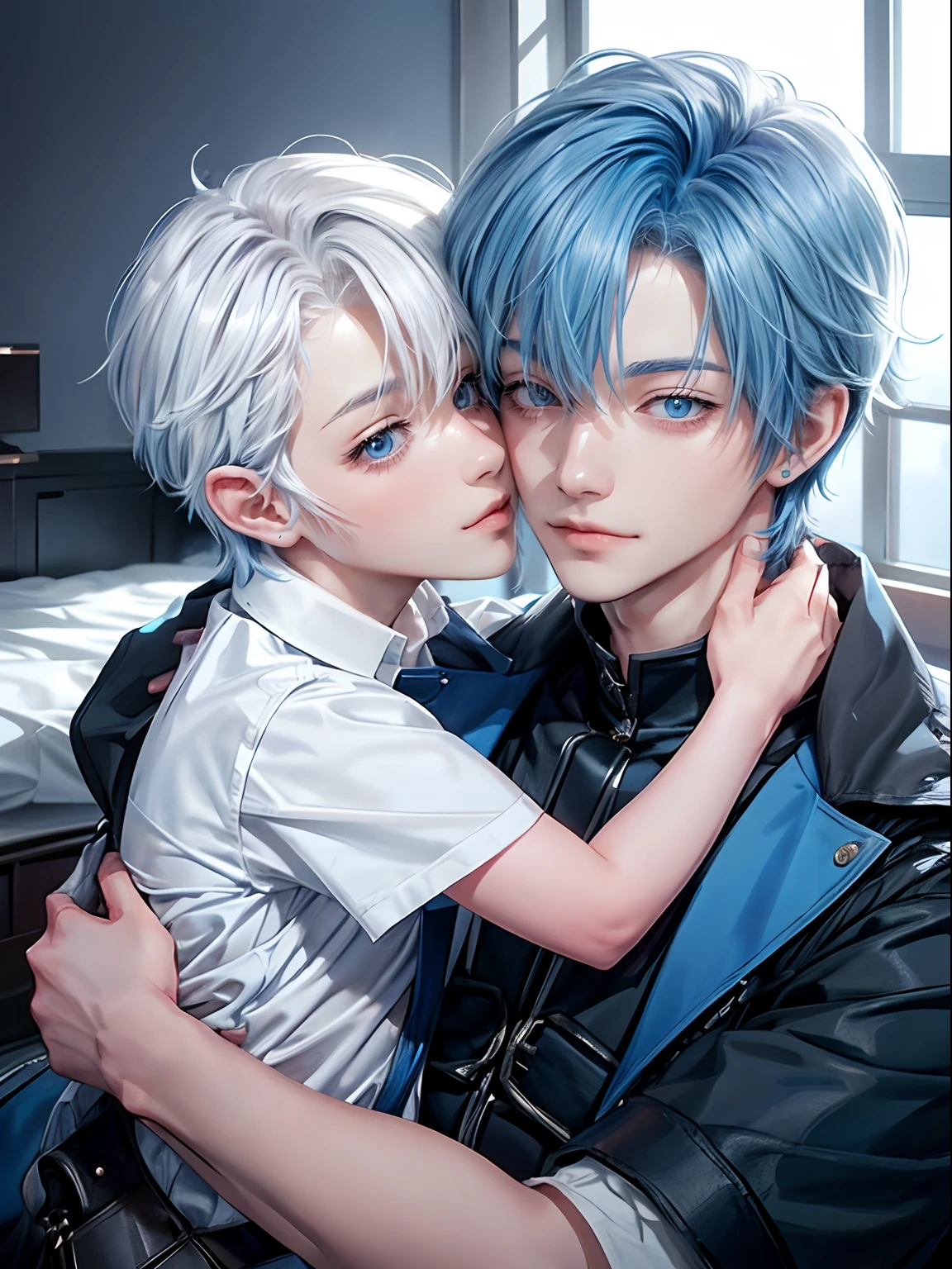 For two、Short-haired man、((Man with white hair and man with blue hair))、((Boys Love))、Male couple、White Y-shirt、Clothes are fluttering、Happiness、youthfulness、lovey-dovey、the kiss、Kissing each other、Kiss while hugging、kiss together、R-18、((Yaoi))、Fantastical、American man、((Adult male 26 years old))、Inside the villain's castle、Shot close to the face、((Focus zoom in))、((Shot by two))、Two people who love each other