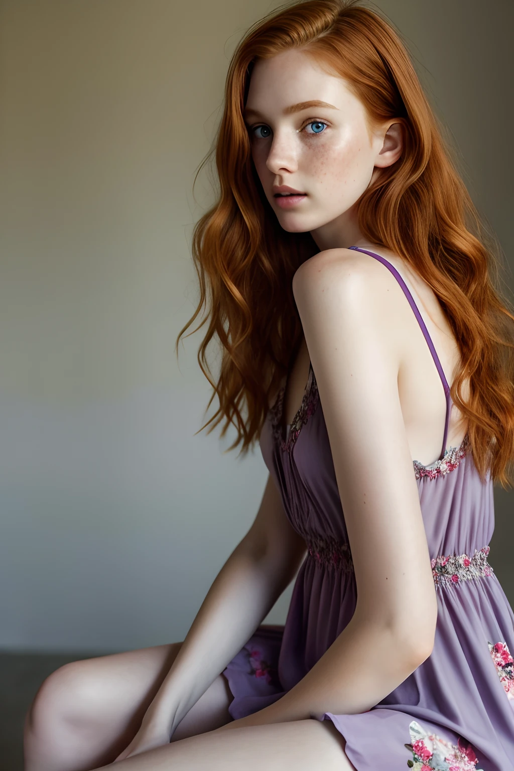1girl in, 19, Solo, Aesthetic artwork, irish redhead, wavy ginger hair, shoulder length ginger hair, gray eyes, light grey eyes, some small freckles, pale skin, A-cup, small breasts, runners body, (textured skin, skin pores:1.1), (moles:0.8), imperfect skin, goosebumps, sitting down having coffee, drinking coffee, (extremely detailed 8k wallpaper), soft lighting, high quality, film grain, Fujifilm XT3 sharp focus, f 5.6, 50mm, High Detail, Sharp focus,(natural light), in a purple colored dress. A purple sundress, floral pattern sundress, crazy details, complex details, hyperdetailed