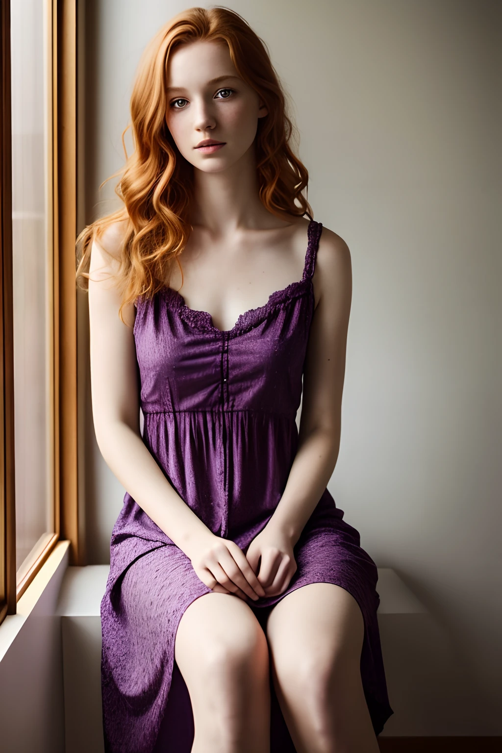 1girl in, age19, Solo, Aesthetic artwork, irish redhead, wavy ginger hair, shoulder length ginger hair, gray eyes, light grey eyes, some small freckles, pale skin, A-cup, small breasts, runners body, (textured skin, skin pores:1.1), (moles:0.8), imperfect skin, goosebumps, sitting down having coffee, drinking coffee, (extremely detailed 8k wallpaper), soft lighting, high quality, film grain, Fujifilm XT3 sharp focus, f 5.6, 50mm, High Detail, Sharp focus,(natural light), in a purple colored dress. A purple sundress, floral pattern sundress, crazy details, complex details, hyperdetailed