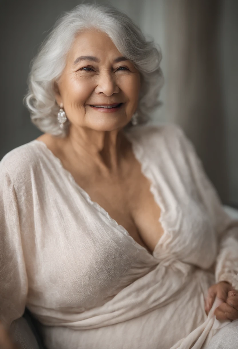 Mature and attractive woman、3 people、bbw、an lingerie、large boob、A smile、​masterpiece、top-quality、(((old women)))、70 generations、grandmather、white  hair、Gray hair、Elderly women、Alone、4K、smil、undergarment、Sexy Shots、Colossal tits、large full breasts、Women with wrinkles around their eyes、Wrinkles on the skin of the whole body、Wrinkled body、Wrinkled wrists、a bed、FULL BODYSHOT、Photograph the whole body、All the different faces