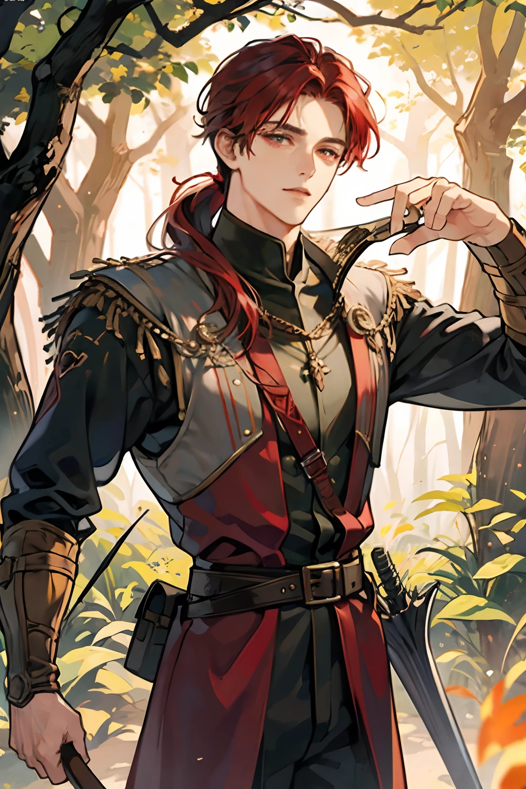1male, adult face, handsome, a hunter, plain, an archer, medieval times, in a forest, serious expression, dark red hair with low ponytail