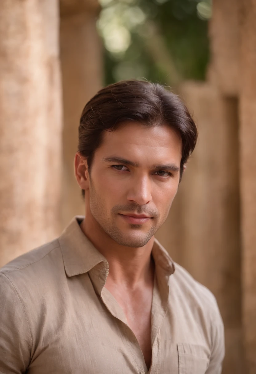 (((a deep reddish wound crosses her left cheek))) tan complexion, man around 35 years old, natural dark hair, wearing linen shirt like Indiana Jones, muscular, rugged, handsome, sunlight in an Egyptian temple setting, ultra sharp focus, realistic shot, rugged archaeologist clothes (scar:1.4)