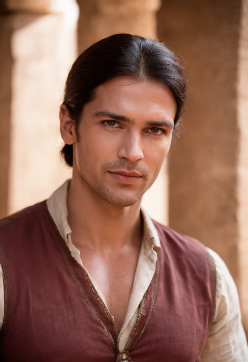 (((a deep reddish wound crosses her left cheek))) tan complexion, man around 35 years old, natural dark hair, wearing linen shirt like Indiana Jones, muscular, rugged, handsome, sunlight in an Egyptian temple setting, ultra sharp focus, realistic shot, rugged archaeologist clothes (scar:1.4)