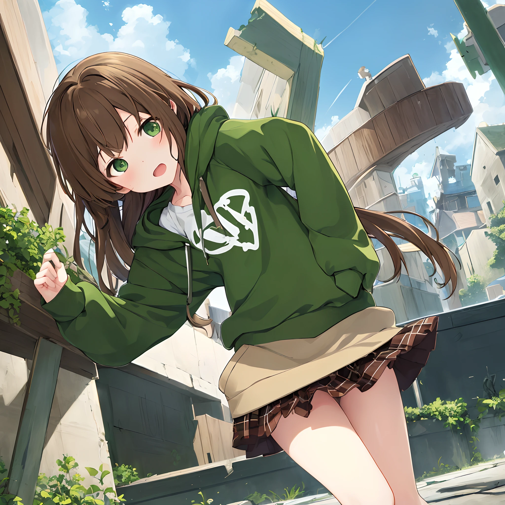 (high-level image quality、​masterpiece、Lori)girl1、Brown hair、Green eyes、Green hoodie、Brown miniskirt、Angel splash、Background Simple、full bodyesbian、Ruined rooftop、