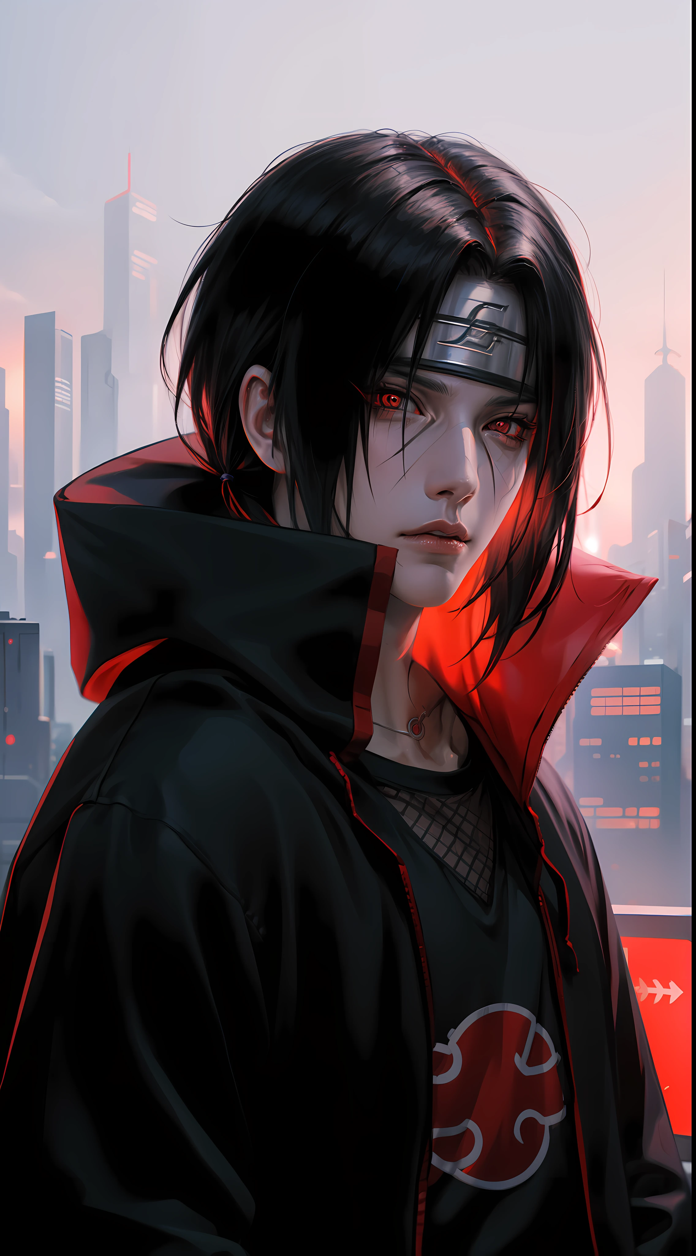 Masterpiece, Uchiha Itachi, cyberpunk style, 1boy, red eyes, male focus, solo, simple background, upper body, looking at viewer, Urban Streetwear , cyberpunk Hoodie, high detailed, dinamic lighting