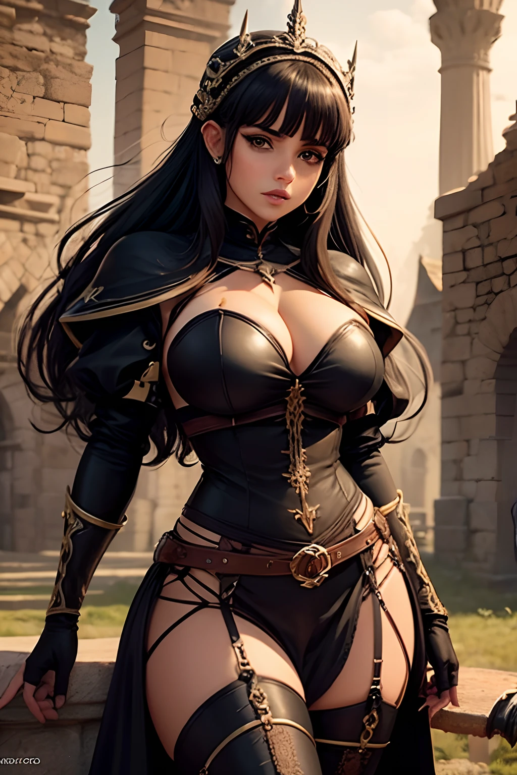 Elfa mulher com cabelo preto e seios grandes. Ela usa uma roupa medieval de cor preta e branca.