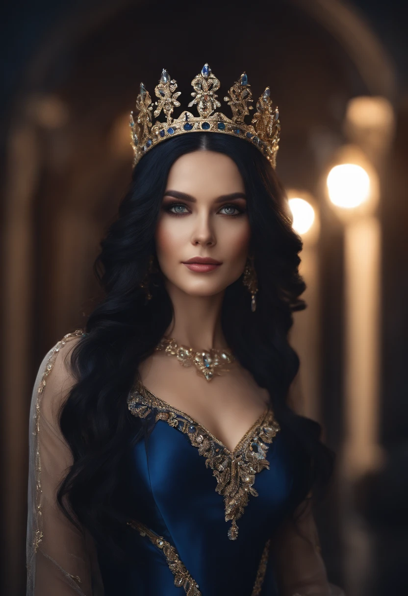 A woman in a blue dress and a crown is posing for a photo - SeaArt AI