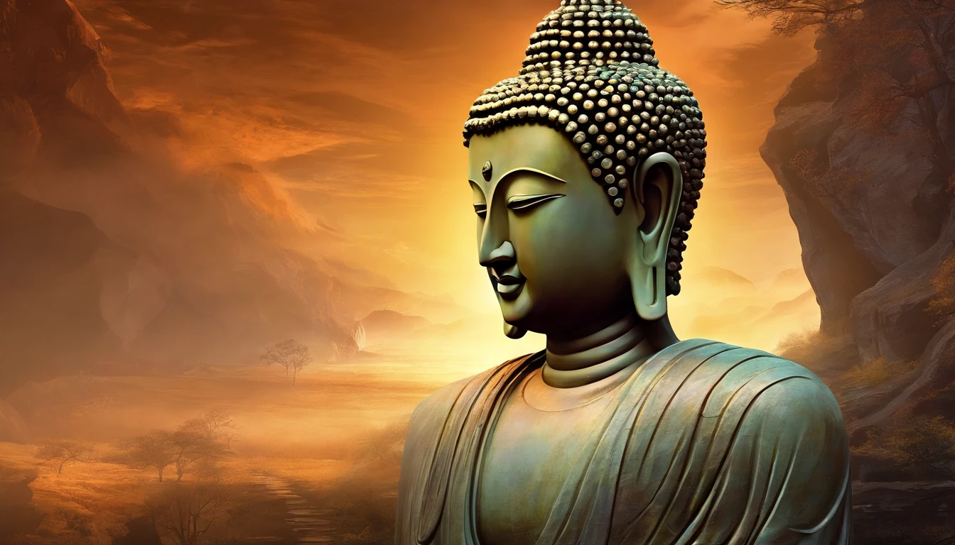 BUDDHA STATUE, stone, Texture, Tall, Majestic, The background is illuminated by sunlight，inverted image，Lateral face