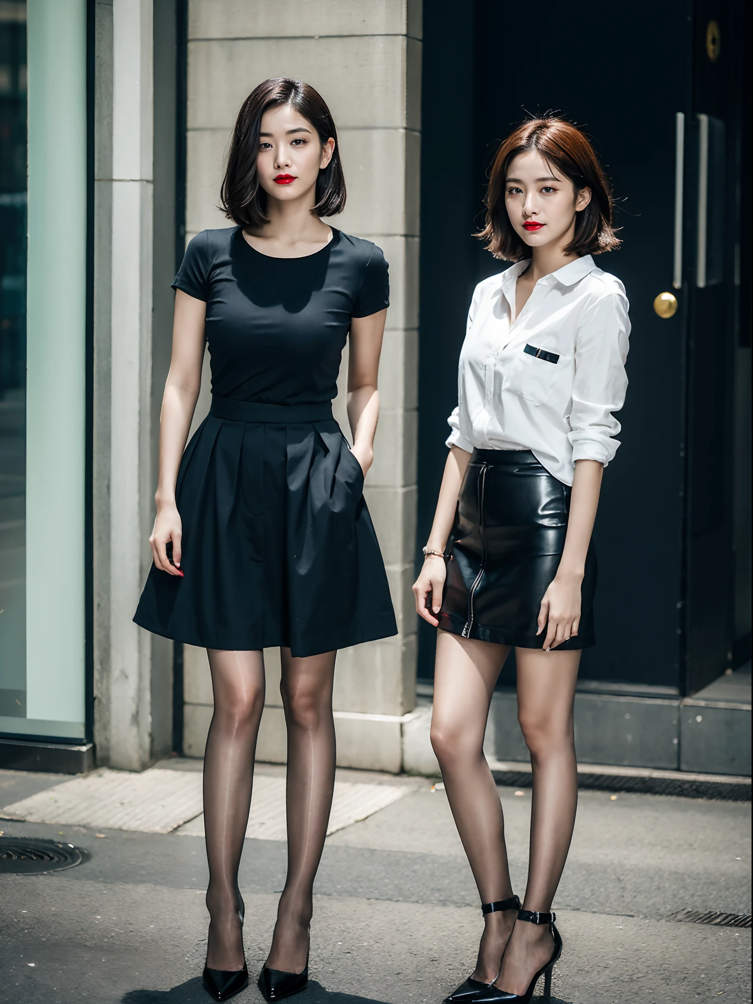 1 rapariga,full bodyesbian,high-heels,a skirt,Fashionab,(realisticlying:1.7),((best qualtiy)),absurderes,(超高分辨率),(realisticlying:1.6),realisticlying,rendering by octane,(Hyper-realistic:1.2),(photo-realistic face:1.2),(8K),(4K),(tmasterpiece),(realistic skin textures),(beautidful eyes:1.2),(s the perfect face)))),(standing on your feet),brunette color hair,黑The eye,Redlip,the street