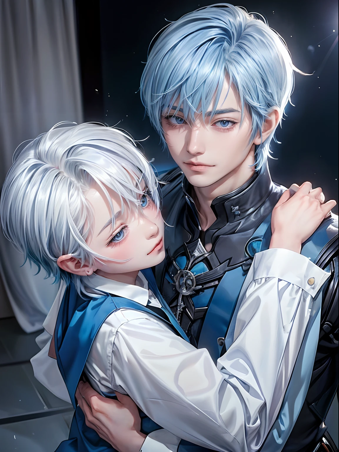 For two、Short-haired man、((Man with white hair and man with blue hair))、((Boys Love))、Male couple、White Y-shirt、Clothes are fluttering、Happiness、youthfulness、lovey-dovey、the kiss、Kissing each other、Kiss while hugging、kiss together、R-18、((Yaoi))、Fantastical、American man、((Adult male 26 years old))、Inside the villain's castle、Shot close to the face、((Focus zoom in))、((Shot by two))、Two people who love each other