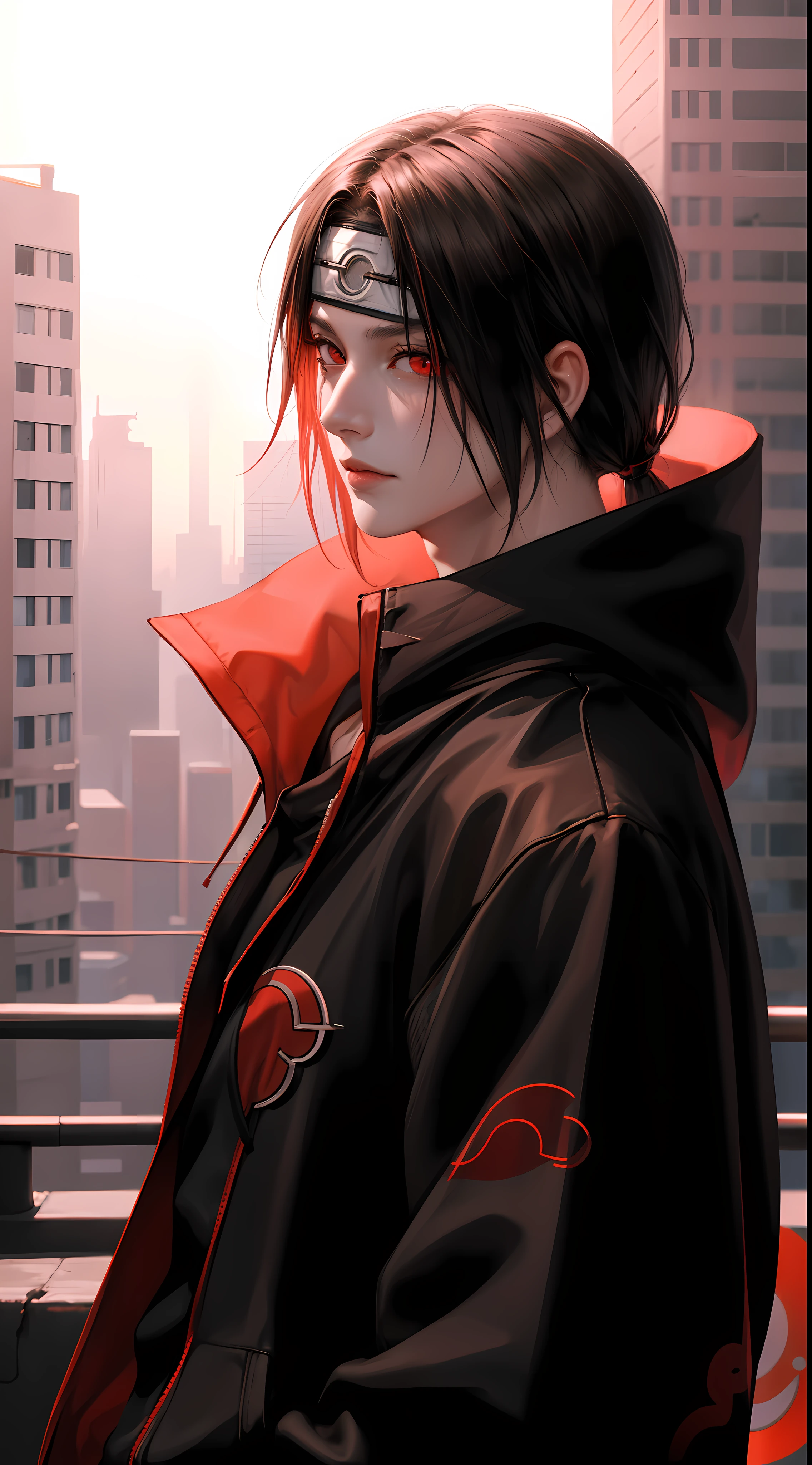 Masterpiece, Uchiha Itachi, cyberpunk style, 1boy, red eyes, male focus, solo, simple background, upper body, looking at viewer, Urban Streetwear , cyberpunk Hoodie, high detailed, dinamic lighting