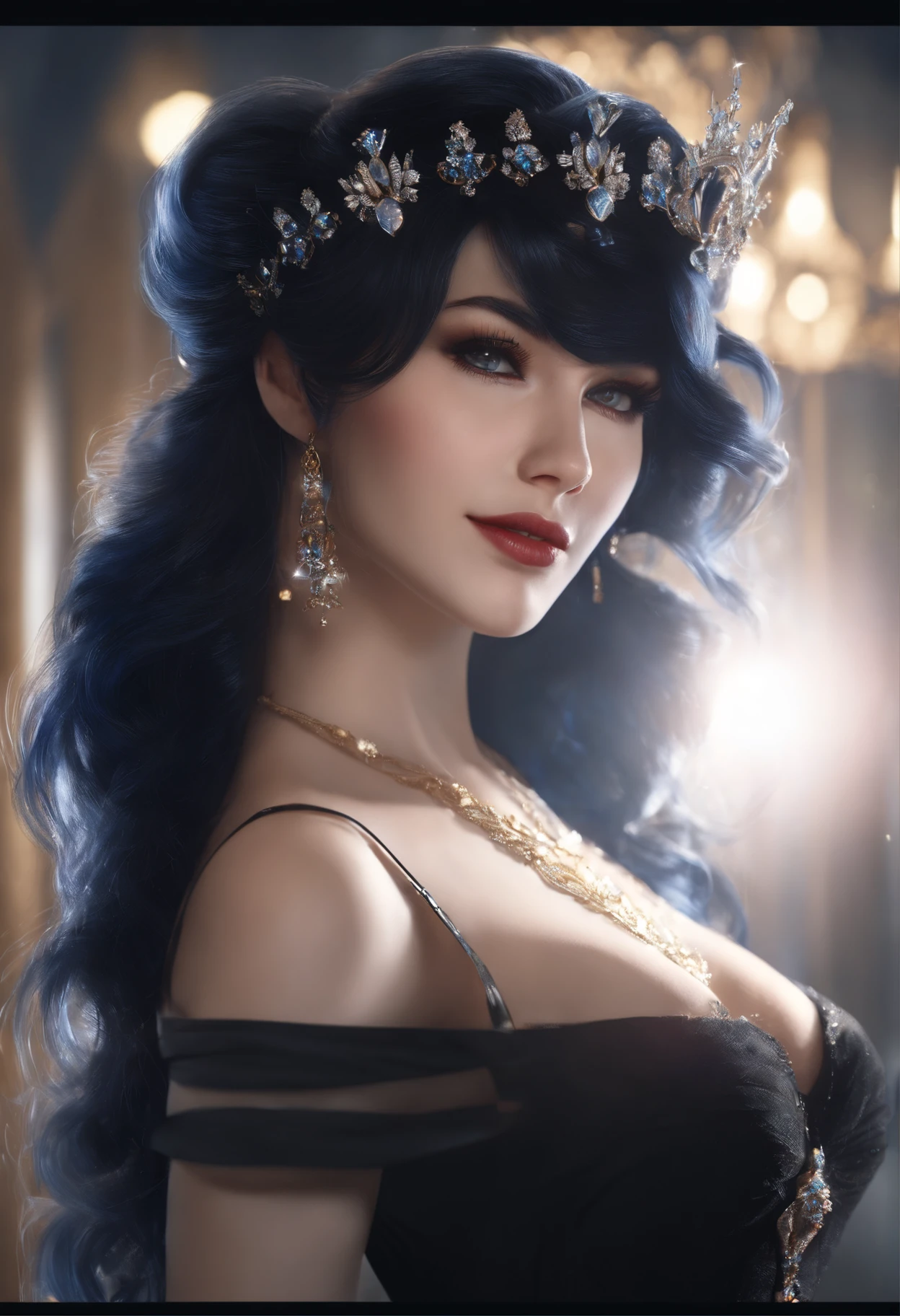 (Crystal eyes, dark blue hair, long hair, crown: seductive grin: 1.1, realistic style: 1.1, lens flare: 1.1, very detailed: first person view, cinematic lighting: 1.1, (masterpiece: 1.2, very detailed), (best quality, 8k, UHD))