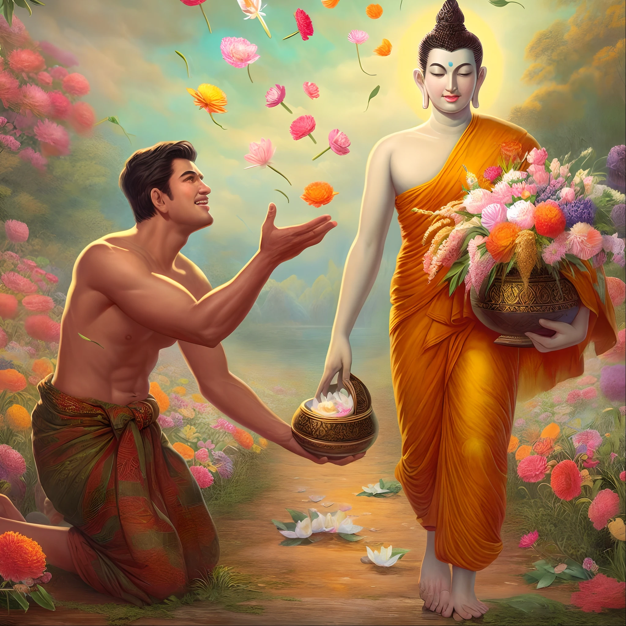 painting of a man kneeling down to a woman holding a basket of flowers, tithi luadthong, beautiful depiction, thailand art, buddhist, buddhism, nivanh chanthara, buddhist art, by John La Gatta, coronation of the flower prince, by Wayne England, buddha, thailand, tom bagshaw and tom richmond