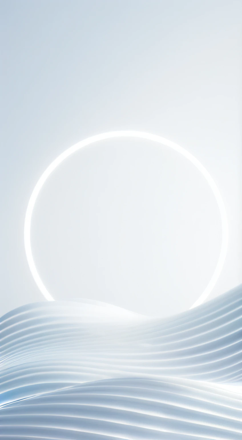 In the middle of the wavy background there is a white circular object, White halo, soft white glow, white glowing aura, Ethereal volumetric light, White food, white ambient background, minimal background, Ethereal background, luminous halo, a still of an ethereal, light simulation, white moon in the background, a glowing halo, ethereal lighting - h 640