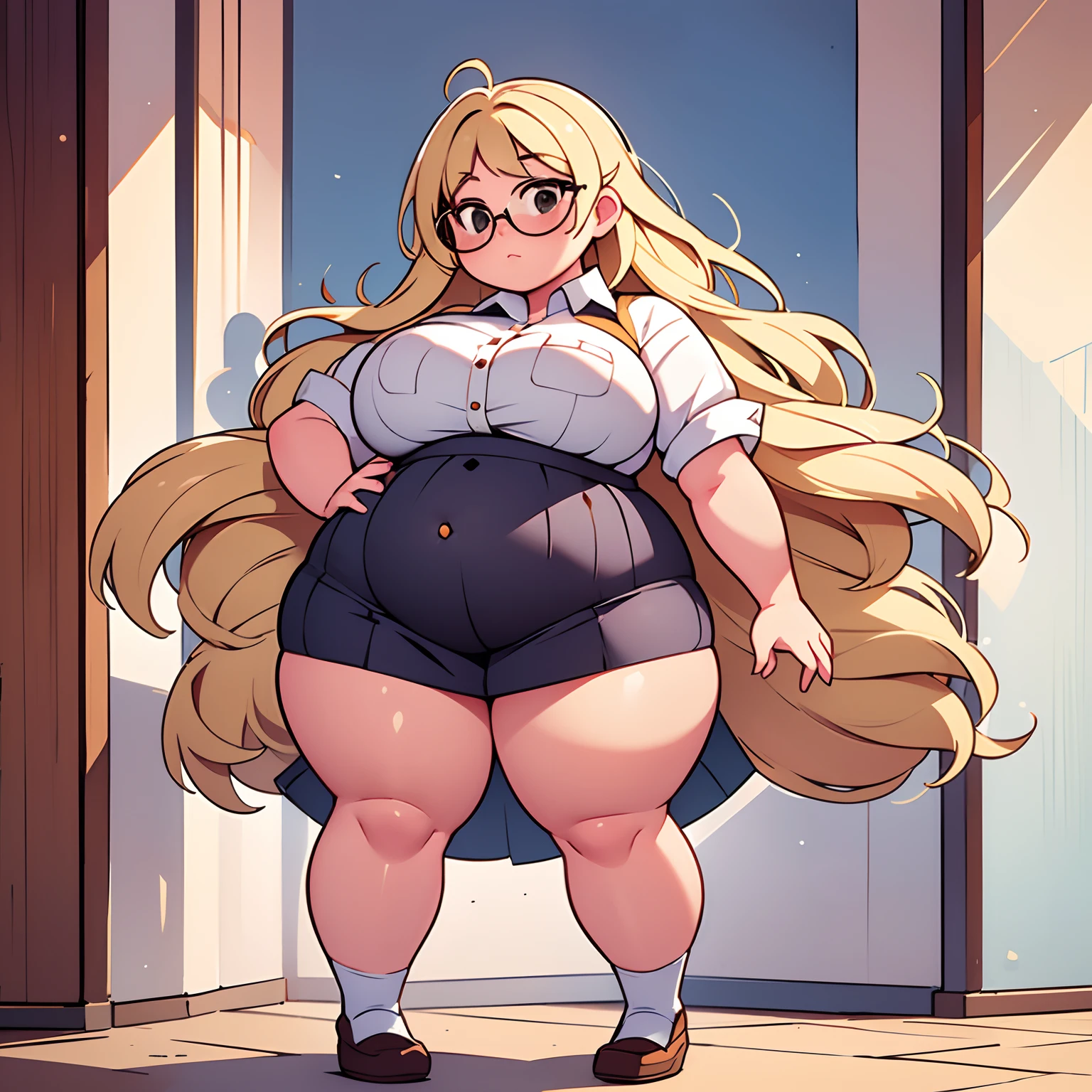 Voluptuous Big Woman, Large Fat Round Belly, Beautiful, Glasses, Extremely Long Blonde Hair, Button down shirt, fat, confident, full body shown, fat arms, smaller boobs, really wide hips, fat thighs, cute, young, squishy, photo shows her entire body, standing up