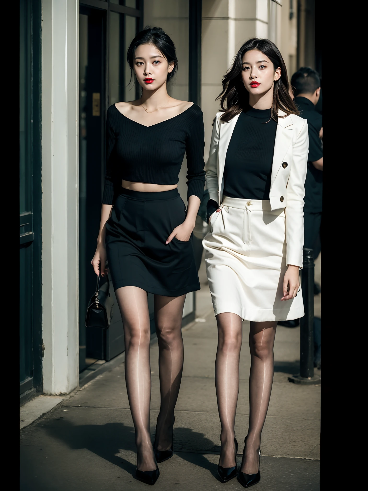 1 rapariga,full bodyesbian,high-heels,a skirt,Fashionab,(realisticlying:1.7),((best qualtiy)),absurderes,(超高分辨率),(realisticlying:1.6),realisticlying,rendering by octane,(Hyper-realistic:1.2),(photo-realistic face:1.2),(8K),(4K),(tmasterpiece),(realistic skin textures),(beautidful eyes:1.2),(s the perfect face)))),(standing on your feet),brunette color hair,黑The eye,Redlip,the street