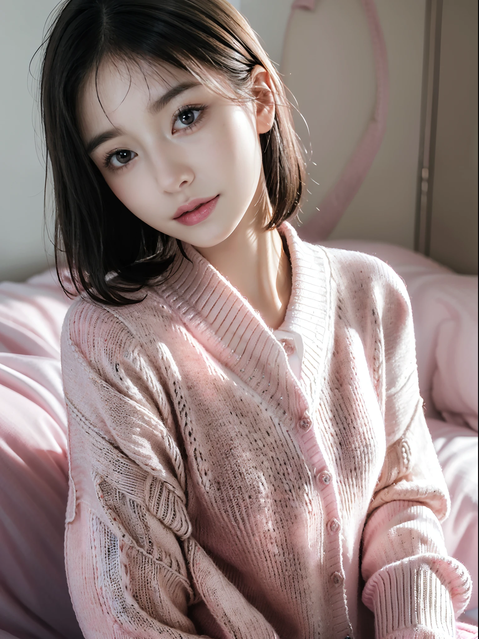 (shoulder-length straight short black hair:1.1),（Extremely meticulous CG 8k wallpaper）,16k,(Extremely refined and beautiful），（Masterpiece），（best qualtiy:2.0），（Ultra High Resolution:1.0),beautiful light up，Perfect lightning,realistic shaded，[A high resolution],(Smooth and flawless fair skin:1.5),(shiny pale skin:1.5),Extremely exquisite facial details，ultra - detailed,A  girl,small head,dawn,dim light,Close Shot,at home,in bedroom,(sitting on bed:1.3),small face,smile,happy,(perfect body:1.1),slim,thin,(Pink sweater cardigan:1.5),(white collared shirt:1.5),(Touch face with palm:1.4),cowboy shot,(Portrait:1.5),ID photo