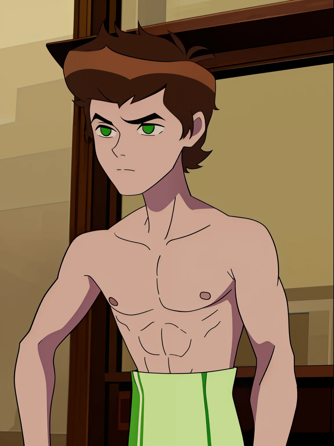 Highres, Masterpiece, Best quality at best,Best Quality,hight quality, hight detailed, boy, 1boy, bentennyson, brown hair, green eye, view from front, (short body), (shirtless, topless, bare chest), sexy,
