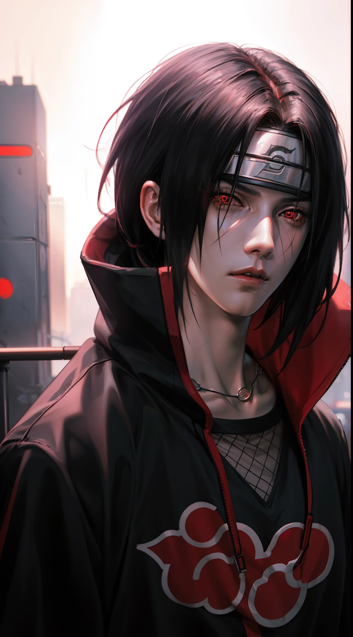 Masterpiece, Uchiha Itachi, cyberpunk style, 1boy, red eyes, male focus, solo, simple background, upper body, looking at viewer, Urban Streetwear , cyberpunk Hoodie, high detailed, dinamic lighting