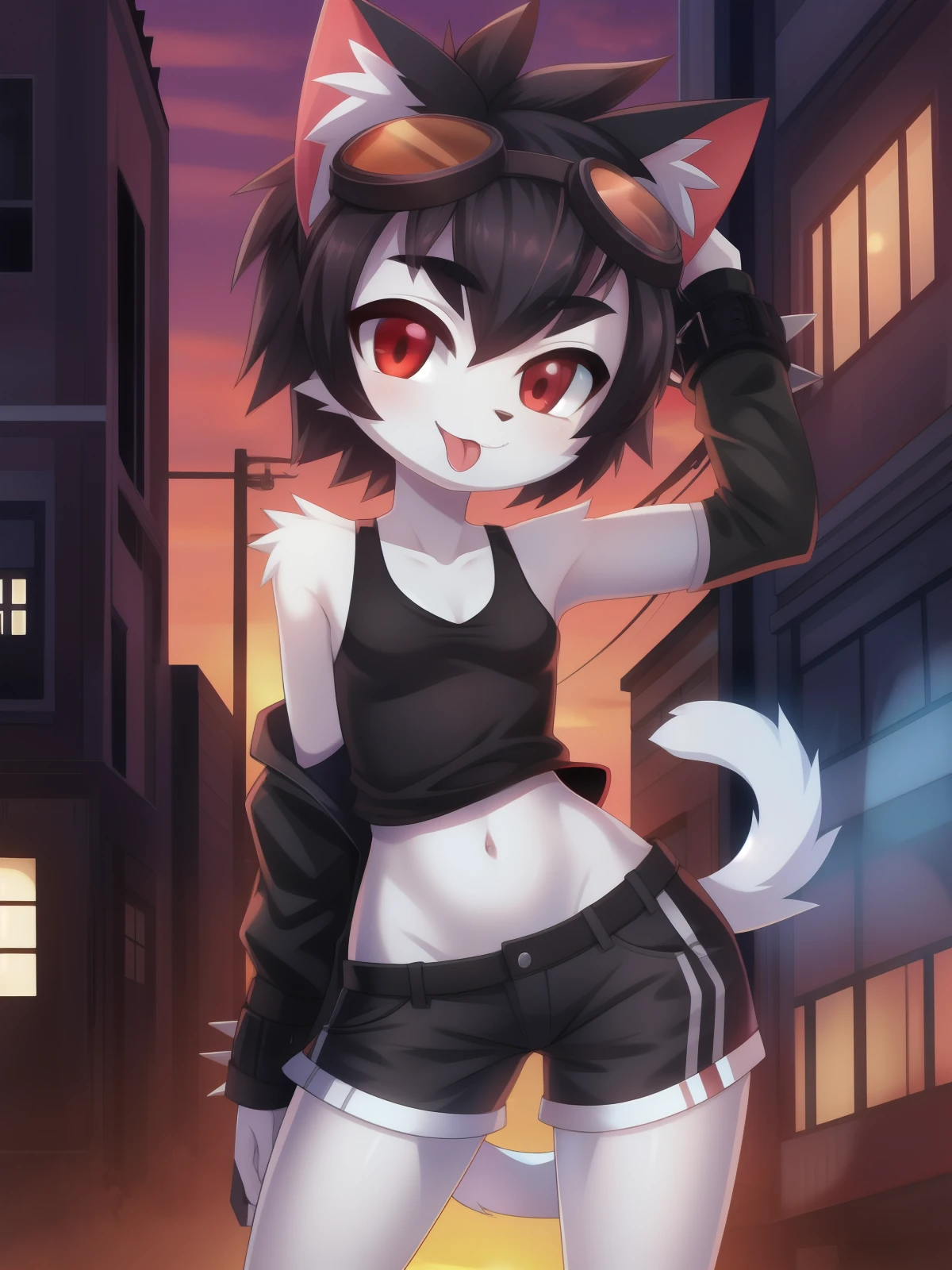 furry girl, cat, black hair, short spiky hairstyle, hair bang cover her eye, black eyeshadows, short spiky ponytail, anime style, small breasts, red eyes, Big eyebrows, ((goggles, black tank top, midriff, shorts, fingerless gloves)), high quality, detailed body, detailed eyes, detailed face, masterpiece, glistening body, detailed body fur, best quality, white body fur, skinny, gothic, spectacular effects, detailed hands, perfect lighting, perfect shadows, perfect eyes, perfect hair, perfect face, gorgeous body, detailed hands, glistering body, shiny body, skinny, spectacular effect, fangs, solo, :3, pool, sitting, clear sky,