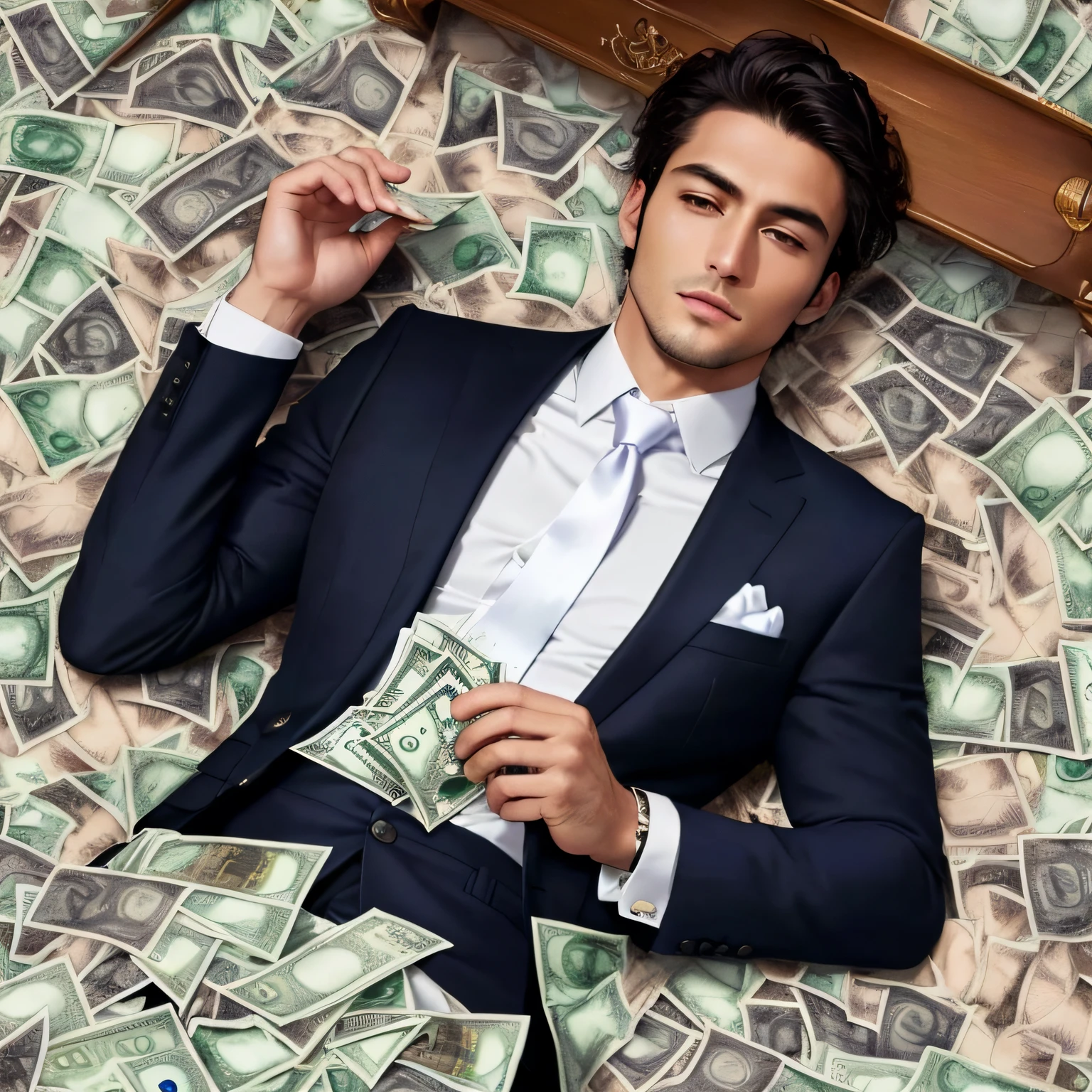 Cool animated man sleeping on money