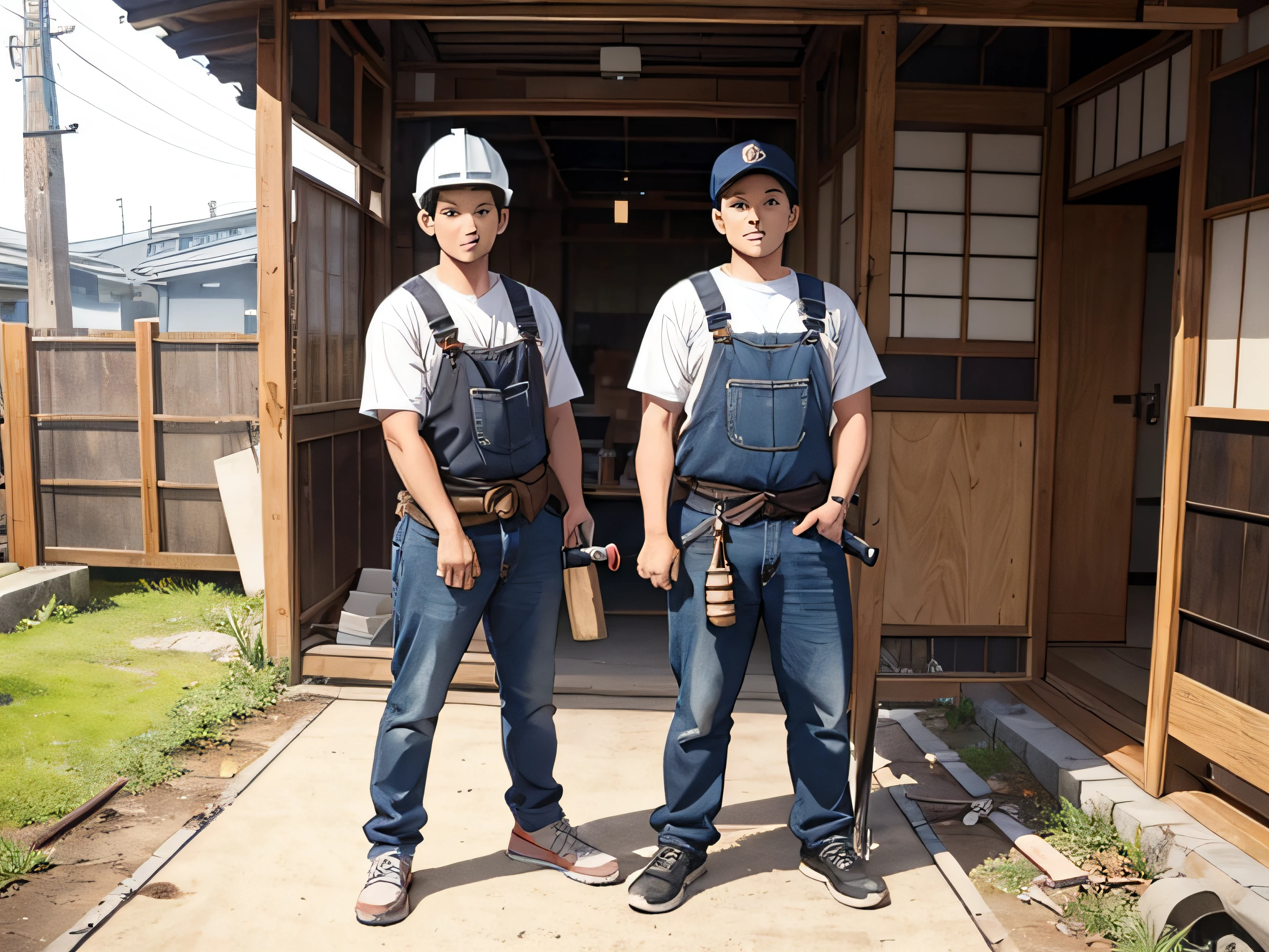 28 and 26 year old men working as construction workers、japanes、Homework、carpenter、is standing、Field work、Waist props、hammer、Saw