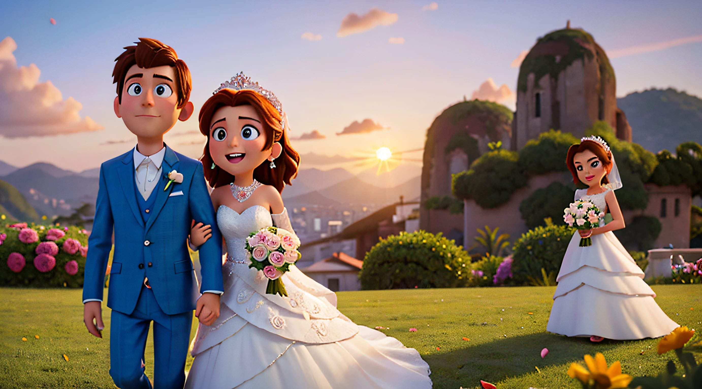 Wedding couple style Pixar movie characters intensely , en un fondo atardecer, hyper detail, 16:9, boda, novia hermosa, very happy, wallpaper,8k,sunset rio light, Flowers falling behind,background white