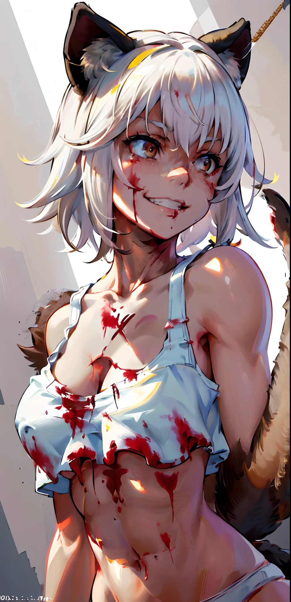 masterpiece, best quality, highres, 1girl, solo, animal ears, white hair, short hair, brown eyes, tail, medium breasts, navel, white panties, tank top, cleavage, (((upper body))), standing, grin, ((blood on face)), blood on hand, murderer,  close-up, perfect anatomy, ((balanced lighting))