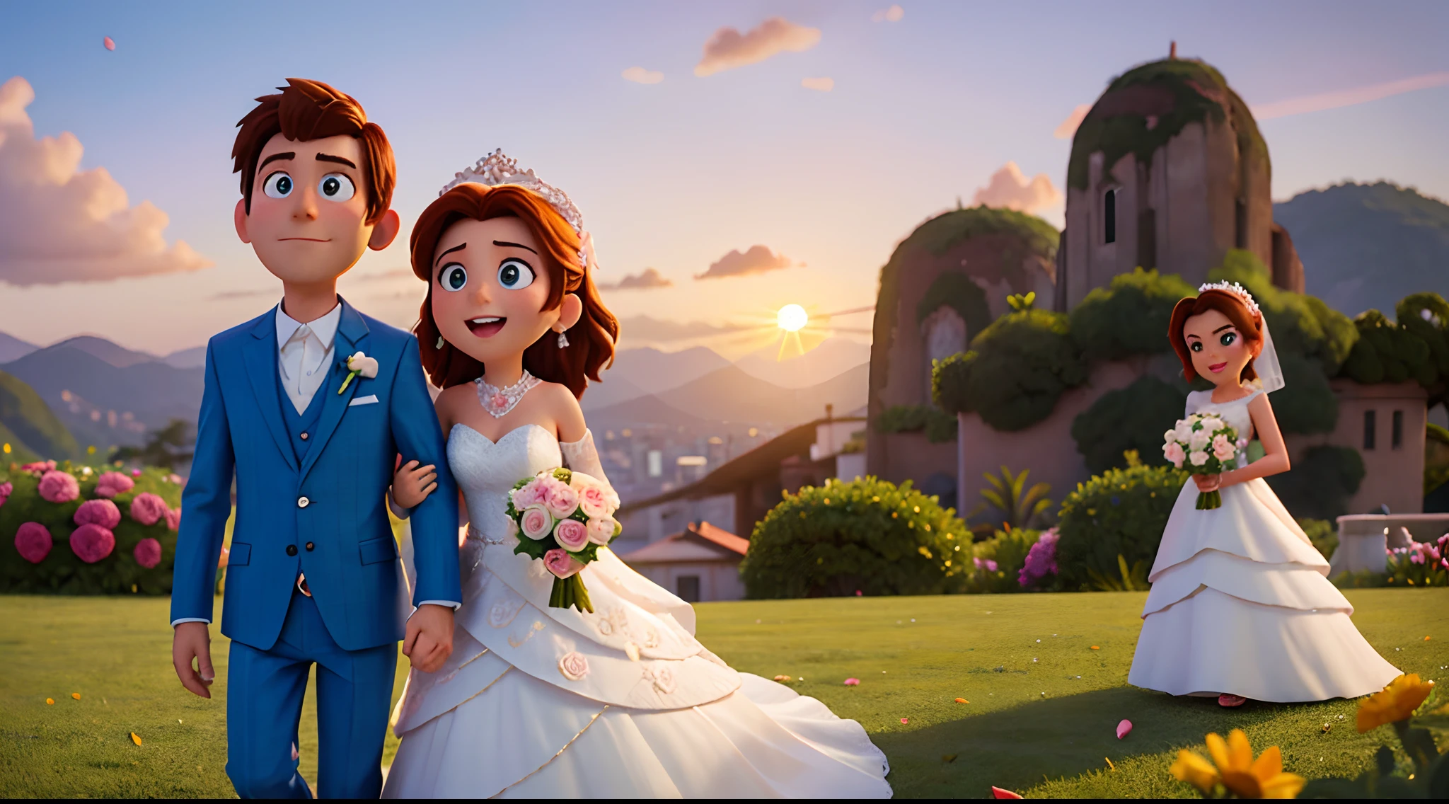 Wedding couple style Pixar movie characters intensely , en un fondo atardecer, hyper detail, 16:9, boda, novia hermosa, very happy, wallpaper,8k,sunset rio light, Flowers falling behind,background white
