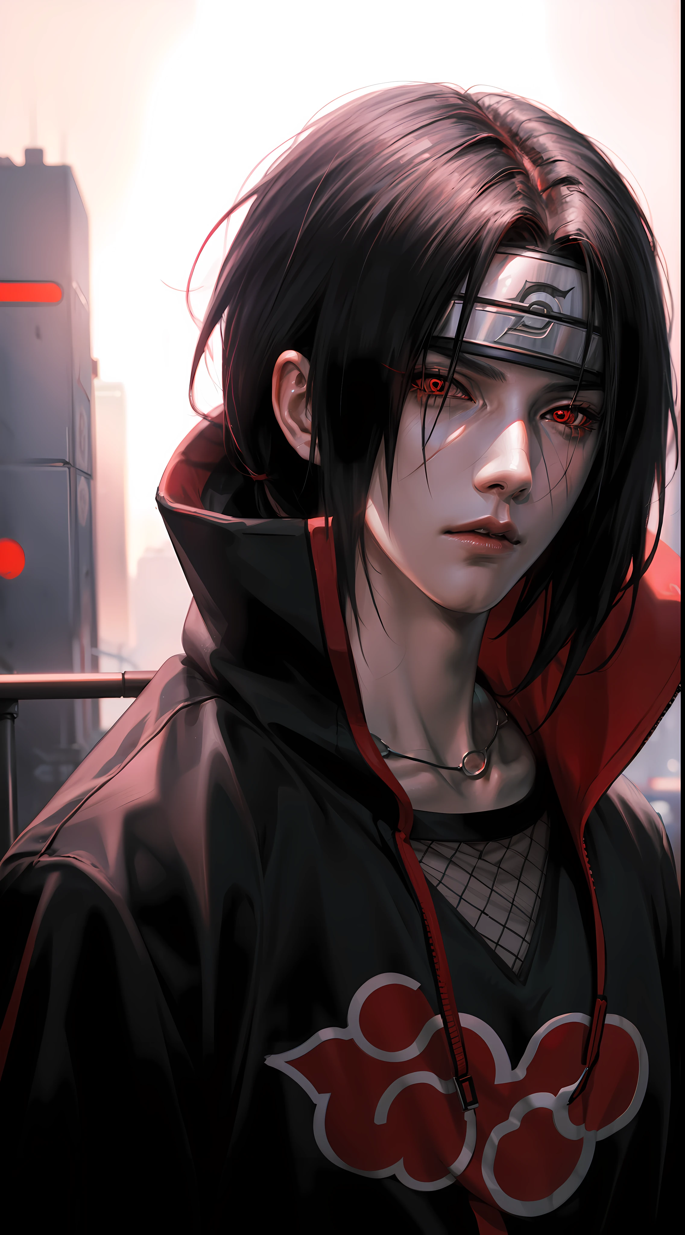 Masterpiece, Uchiha Itachi, cyberpunk style, 1boy, red eyes, male focus, solo, simple background, upper body, looking at viewer, Urban Streetwear , cyberpunk Hoodie, high detailed, dinamic lighting