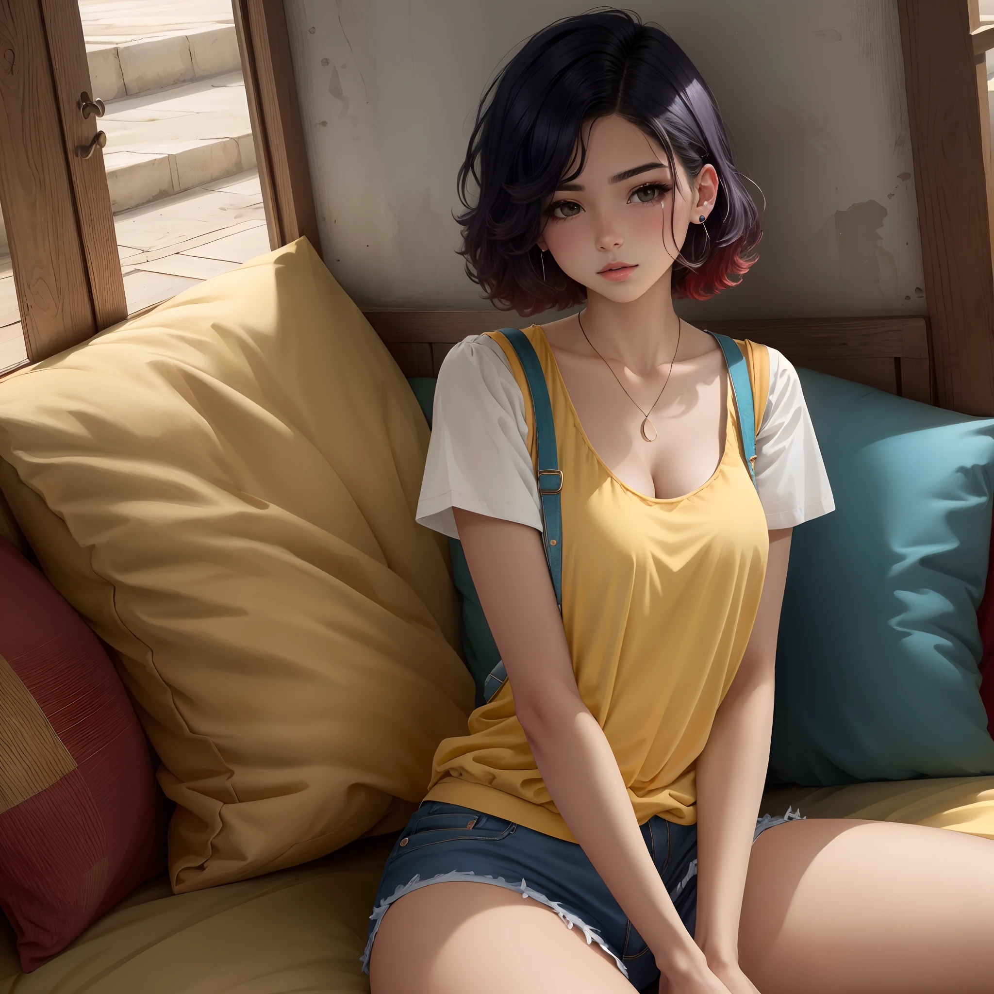 Chica joven, pelo corto mitad rojo y mitad azul