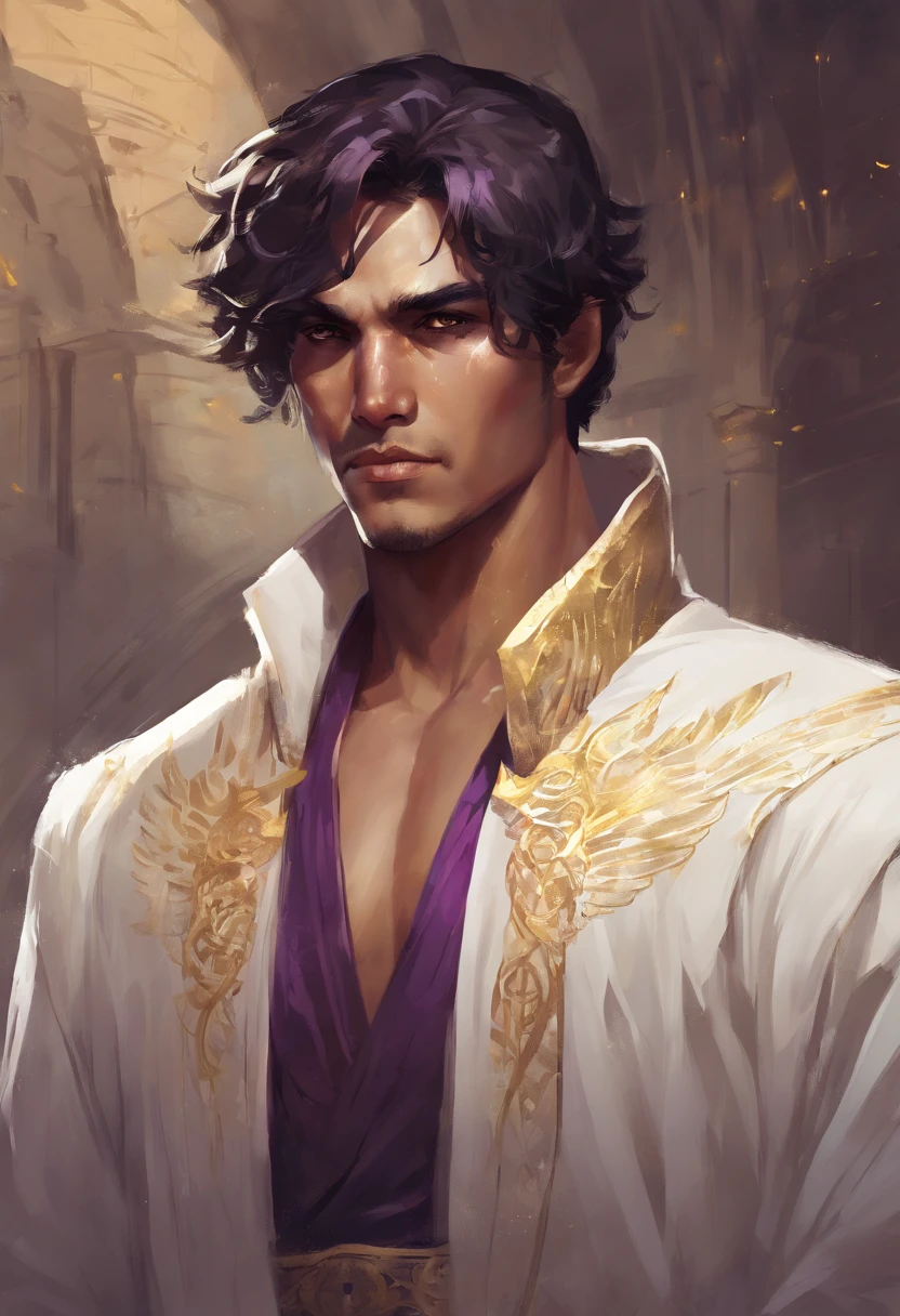 male, 20s, olive brown skin, wavy short dark violet hair, golden eyes, white fantasy robes, scarred face, handsome