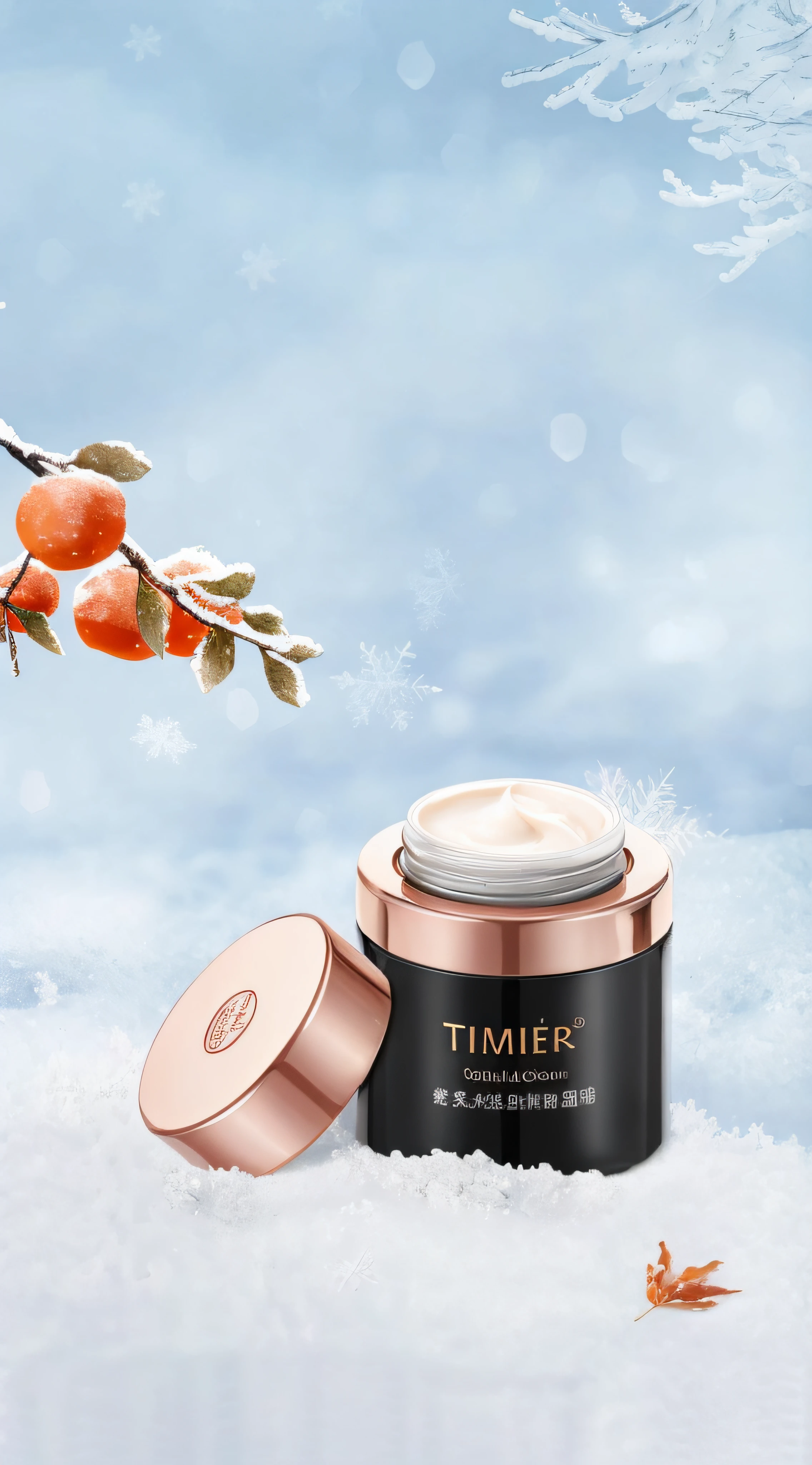 There was a jar of cream sitting on the snow, winter, 720p, 7 2 0 p, inspired by Yao Tingmei, timid, everlasting, author:Yao Tingmei, Trim, amber, high quality topical render, tempera, suntanned skin, delicacy, ellegance, 1080p, 1 0 8 0 p, 4l