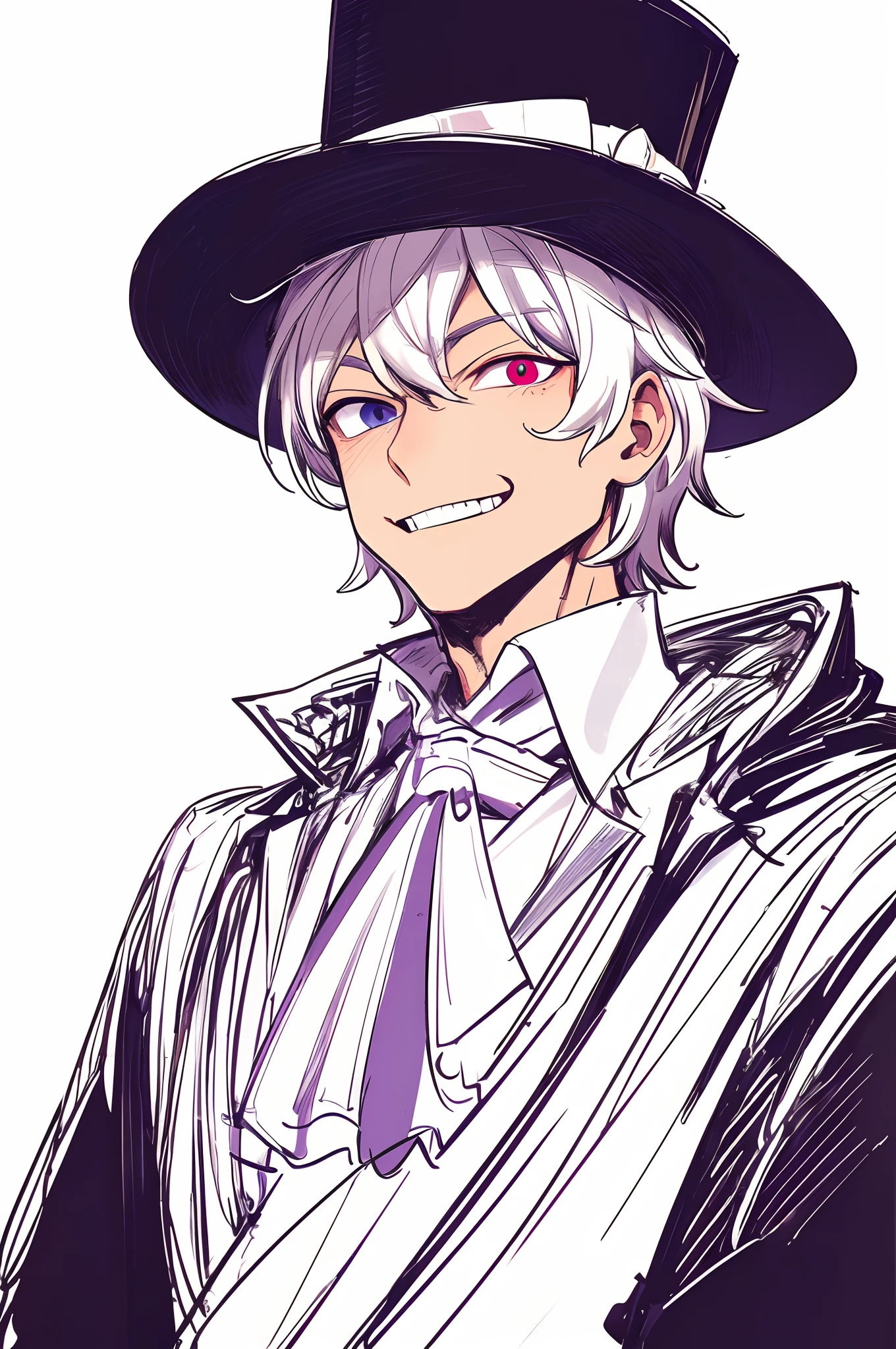 ultra detailed, masterpiece, best quality, solo, cowboy shot, facing viewer,sketch style,grin,male,white hair,red and purple eyes, heterochromia, wearing a long black trenchcoat, wearing a top hat,