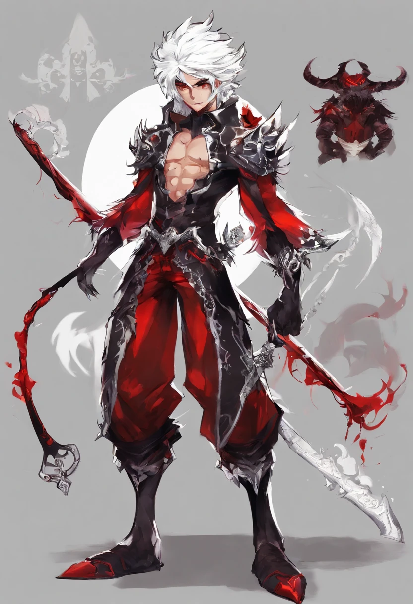 demon boy prince, maplestory character sheet, demon boy, with red skin and white hair messy curly, Red elf w/ Black Piercings, Bleach Monster Tail,