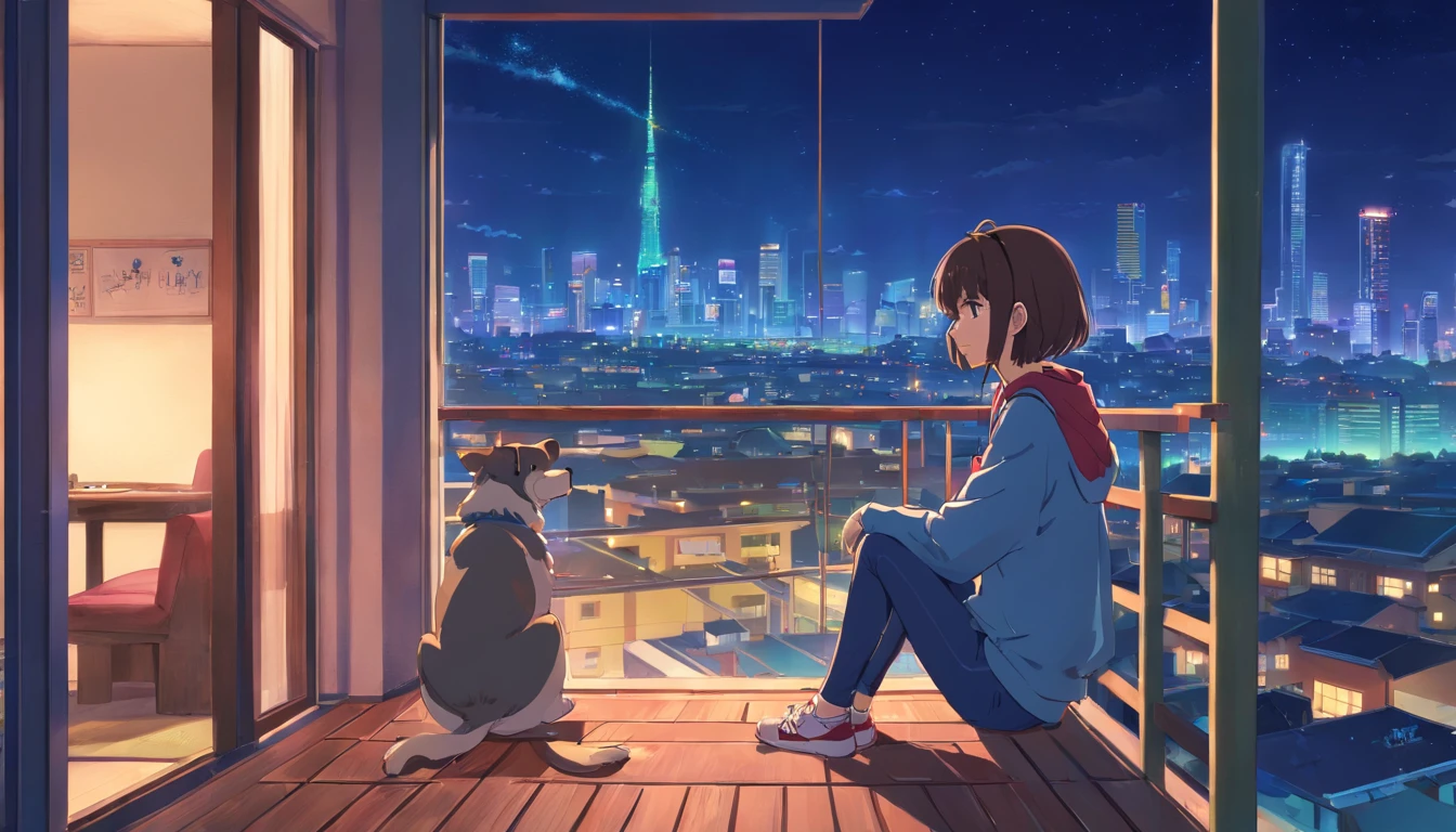 A girl sitting on the balcony , feeling and seeing the out view , focusing the city at night ,in the style of 2d game art ,chinstill 50, with headphones in the ear , linsting the song , night time, coloufull animation skills, with a dog sitting beside next to the girl