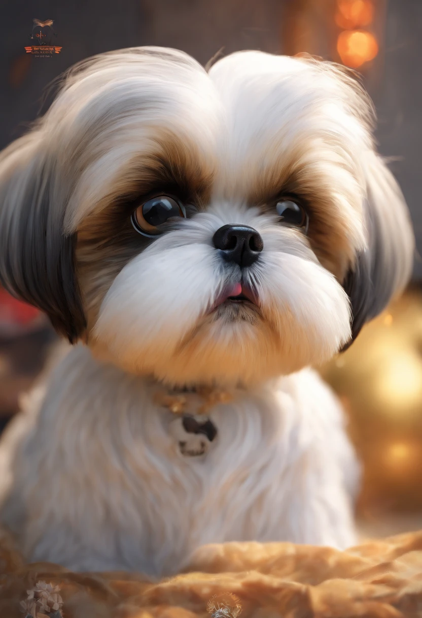 "(Best quality,A high resolution:1.2),Realistic,Detailed,Cute Shih Tzu blue eyes,Detailed facial features (Eyes, nase, Lips),Fluffy white and black fur,Floating in the sky,Peaceful atmosphere,Soft lighting,