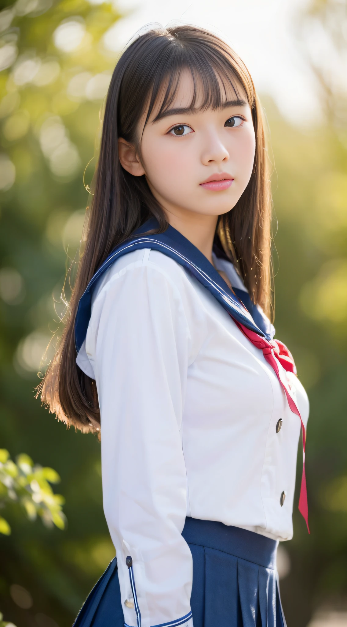 ((masterpiece, best quality,  FHD, 16K, highres :1.3)) ,ultra detailed, Japanese Junior High School Student Woman, 15 years old ,gigantic breasts ,sailor  skirt uniform, (Face straight:1.2), cowboy shot,from below looking up