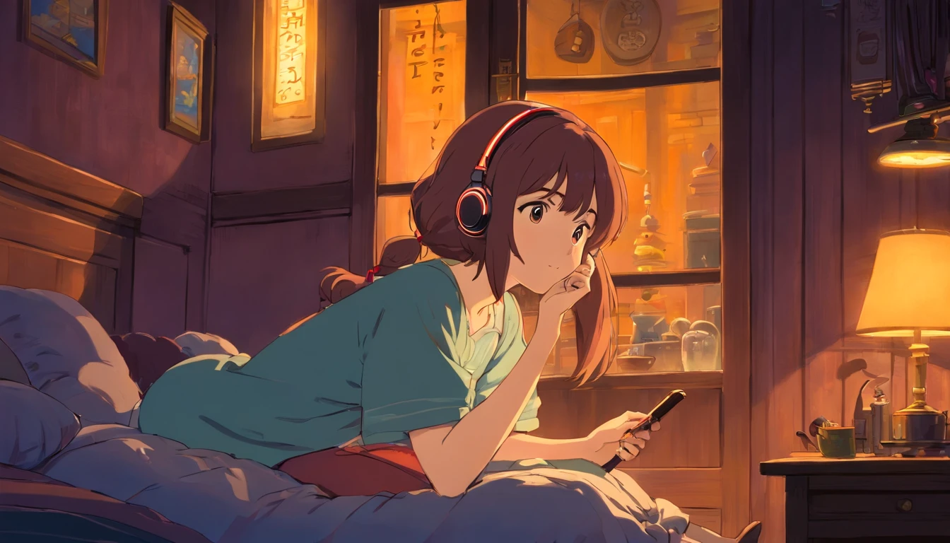 Girl listening to music in a cozy room at night, Usando fones de ouvido, Anime estilo 2D, Lo-fi, hd, Ambiente escuro