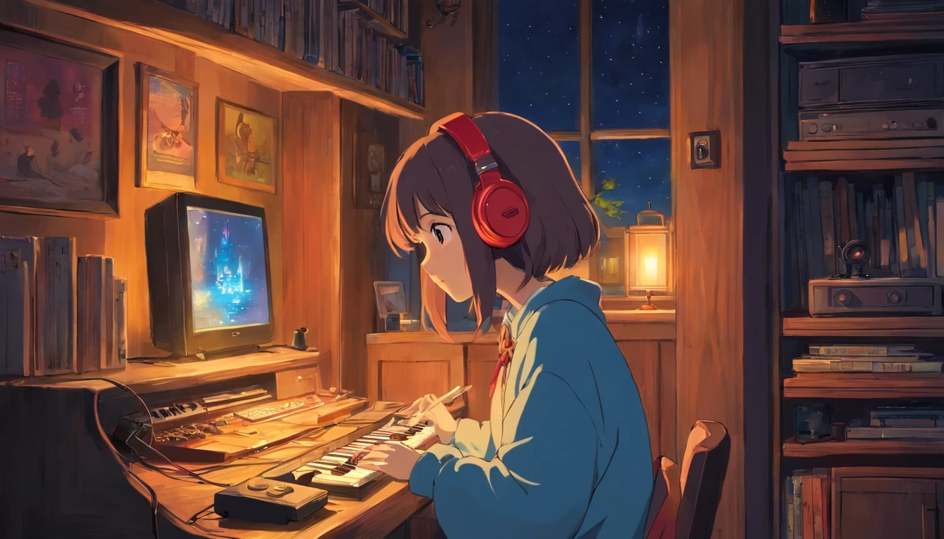 Girl listening to music in a cozy room at night, Usando fones de ouvido, Anime estilo 2D, Lo-fi, hd, Ambiente escuro