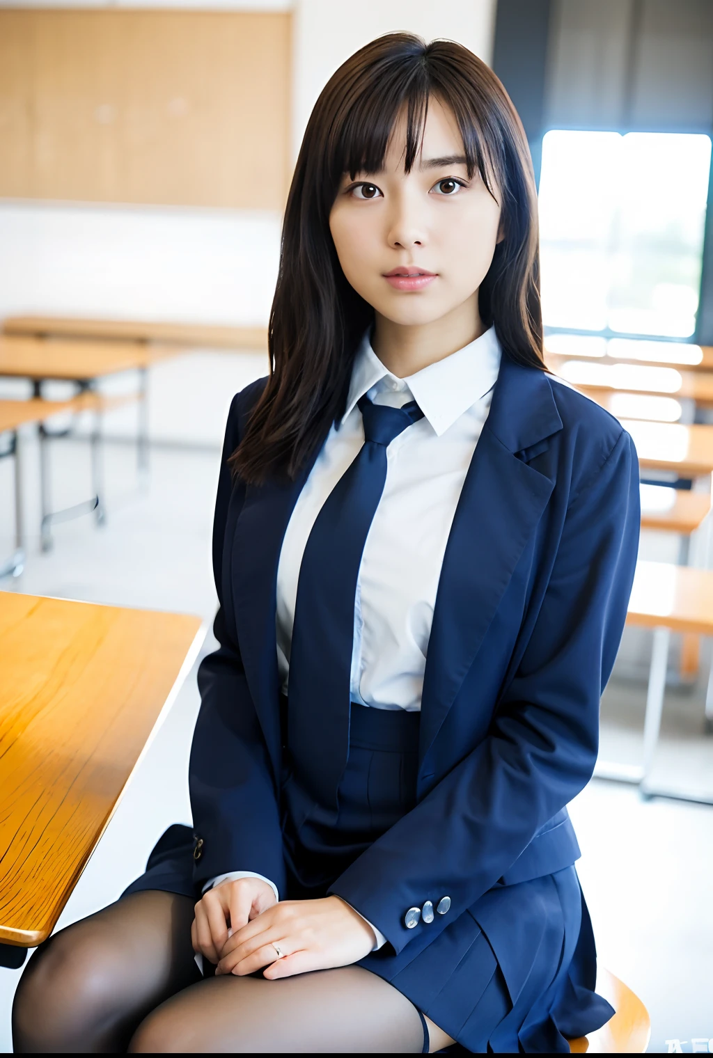 Japan high school girl sitting at desk in classroom in uniform, Japan High School Student Uniform、Red big ribbon tie:1.2、blazers、white shirt、Navy blue checked pleated skirt、Black pantyhose,Cute,mature youngster,,Full body,nice perfect face with soft skin perfect face,Gorgeous Long Wave Brown Ponytail,8K resolution,Ultra-realistic,Ultra-detailed,hightquality,huge-breasted:1.2)