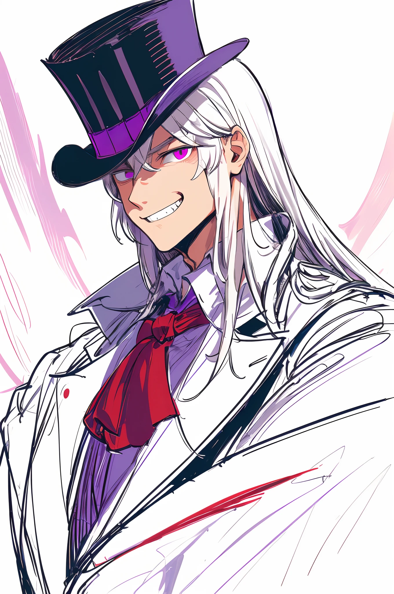 ultra detailed, masterpiece, best quality, solo, cowboy shot, facing viewer,sketch style,grin,male,white hair,red and purple eyes, heterochromia, wearing a long black trenchcoat, wearing a top hat,